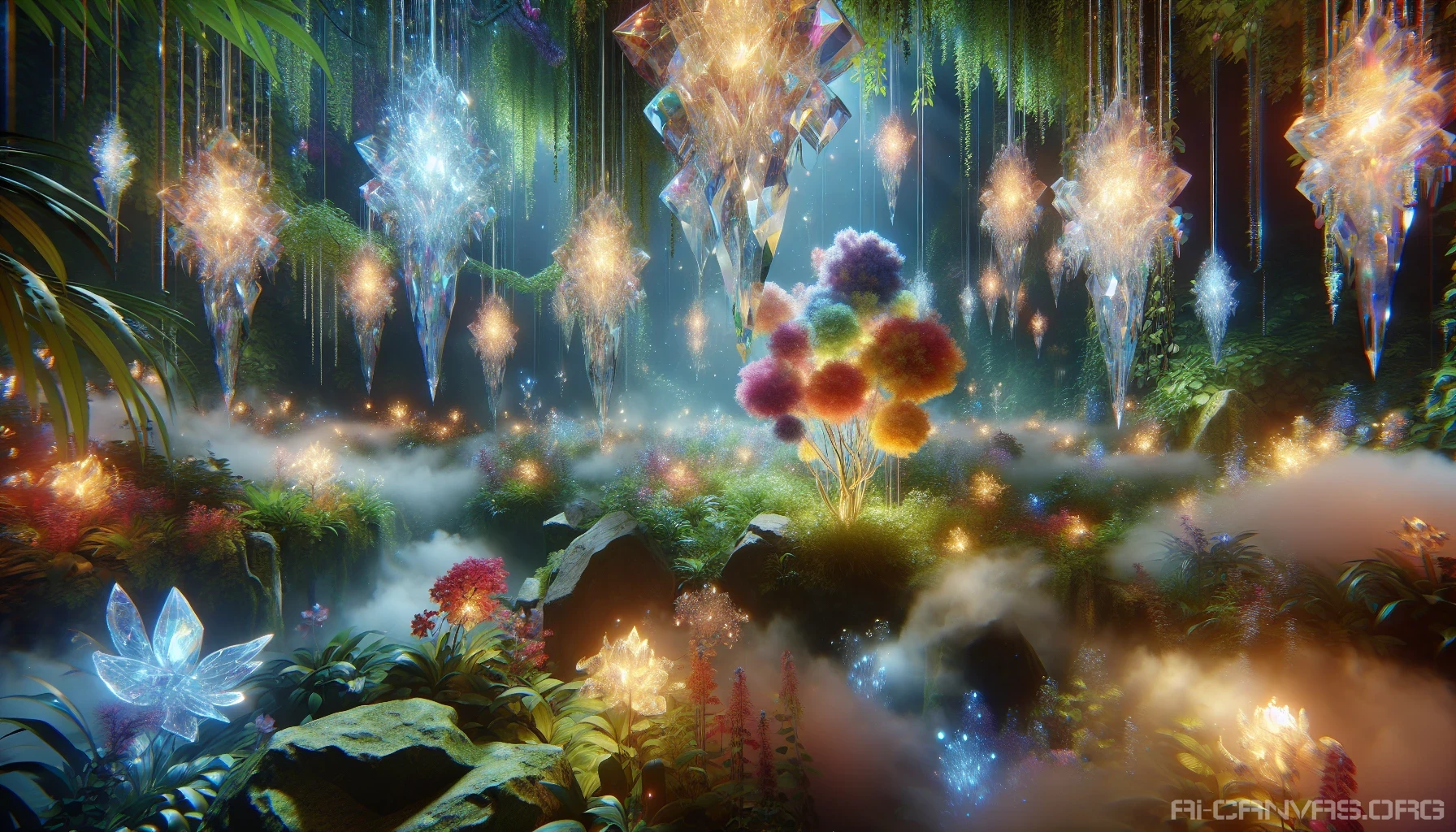 Imagine a surreal landscape where vibrant, luminescent crystals float effortlessly amidst lush greenery. Delicate blossoms bloom from shimmering crystal branches, reflecting the light in a kaleidoscope of colors. Wisps of mist dance in the air, creating a serene atmosphere. A gentle waterfall cascades down from one of the floating gardens, sparkling as it catches the sun's rays, inviting viewers into this enchanted world of wonder and tranquility.