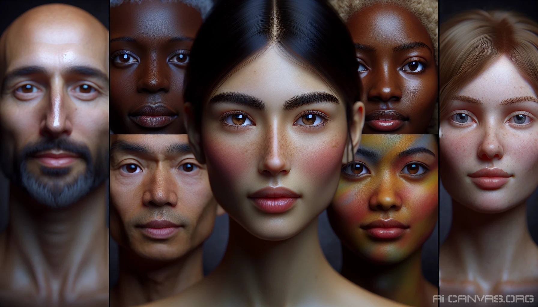Create striking, lifelike portraits that celebrate the beauty of diversity in human expression. Focus on capturing the intricate details of various skin tones, facial features, and hair textures. Each portrait should convey a unique story, with subtle emotions reflected in the eyes and gentle expressions. Utilize dramatic lighting and rich backgrounds to enhance the realism and depth, making each character feel alive and relatable.