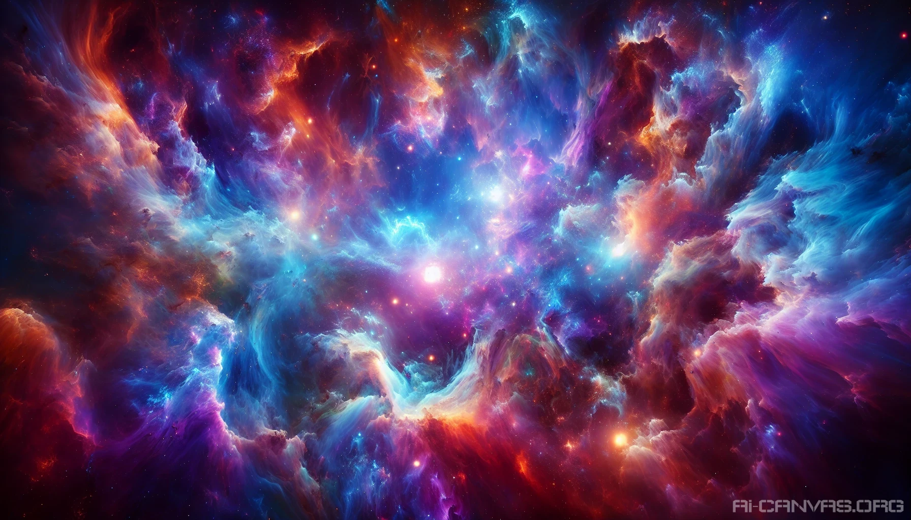 Immerse yourself in a mesmerizing galactic nebula, where vibrant hues of electric blues, radiant purples, and fiery oranges swirl together in a cosmic dance. The ethereal gases and stardust create a stunning tapestry of celestial artistry, inviting the viewer to explore the mysteries of the universe. Each color blends seamlessly into the next, evoking a sense of wonder and the infinite possibilities found within the cosmos.