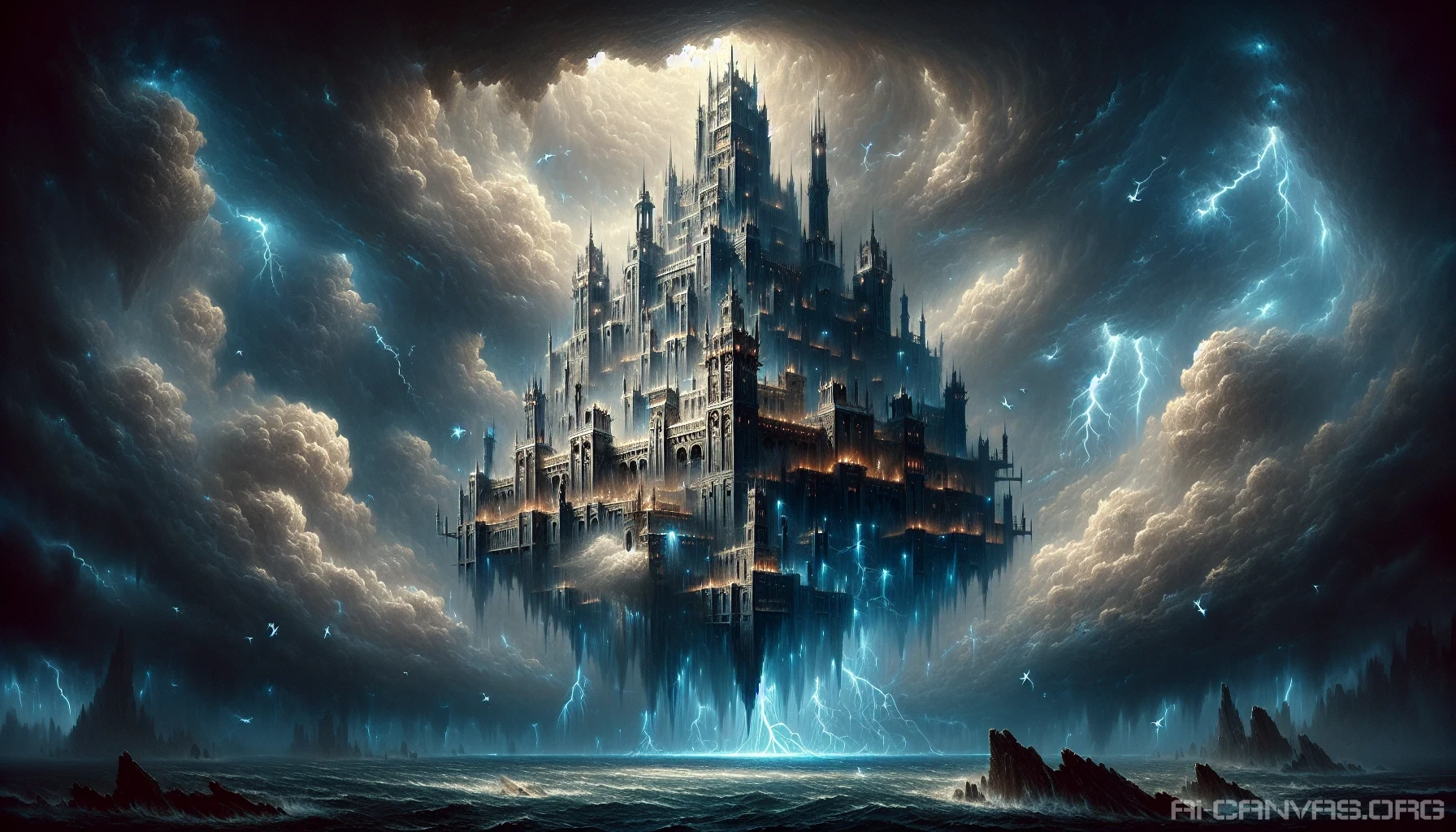 A colossal floating castle hovers amidst a tempest, its towering spires piercing dark, swirling clouds. Lightning arcs across the sky, illuminating the castle’s intricate stonework and glimmering banners that flap wildly in the fierce winds. Below, turbulent seas crash against jagged cliffs, while flashes of light reveal ghostly silhouettes of mythical creatures circling the fortress. This scene captures the awe and peril of a mystical stronghold battling the elements.
