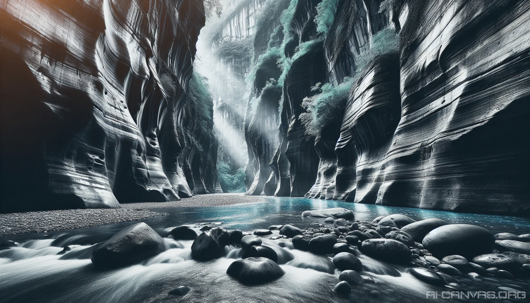 A breathtaking scene unfolds as a crystal-clear river winds gracefully through majestic canyon walls, their rugged textures contrasting against the shimmering water. Sunlight filters through the narrow gaps, casting playful reflections on the surface, while lush greenery clings to the rocks. The distant sound of rushing water harmonizes with the soft rustle of leaves, creating a tranquil oasis that invites exploration and contemplation in nature's grandeur.