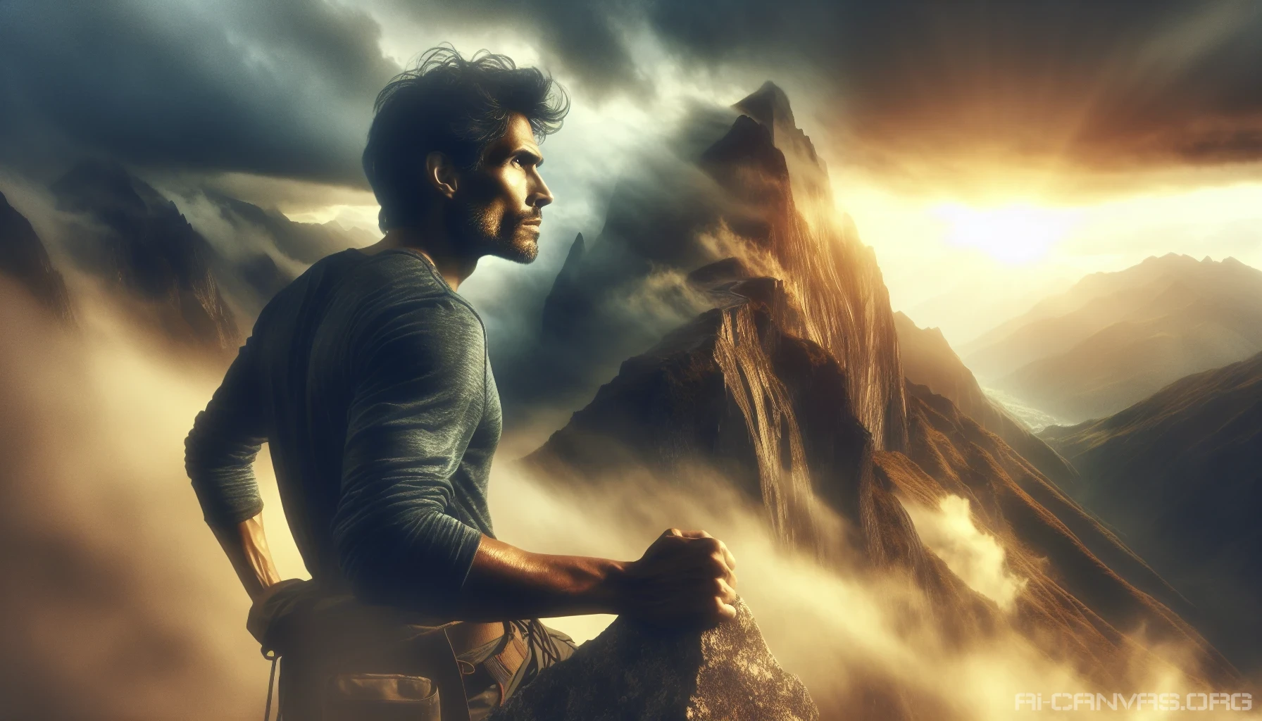 This image captures a person standing at the edge of a daunting cliff, their determined gaze fixed on a distant peak shrouded in mist. The sun breaks through the clouds, casting a golden glow on their face, highlighting the fierce determination in their eyes. The surrounding landscape is a mix of rugged terrain and swirling winds, symbolizing the challenges that lie ahead.