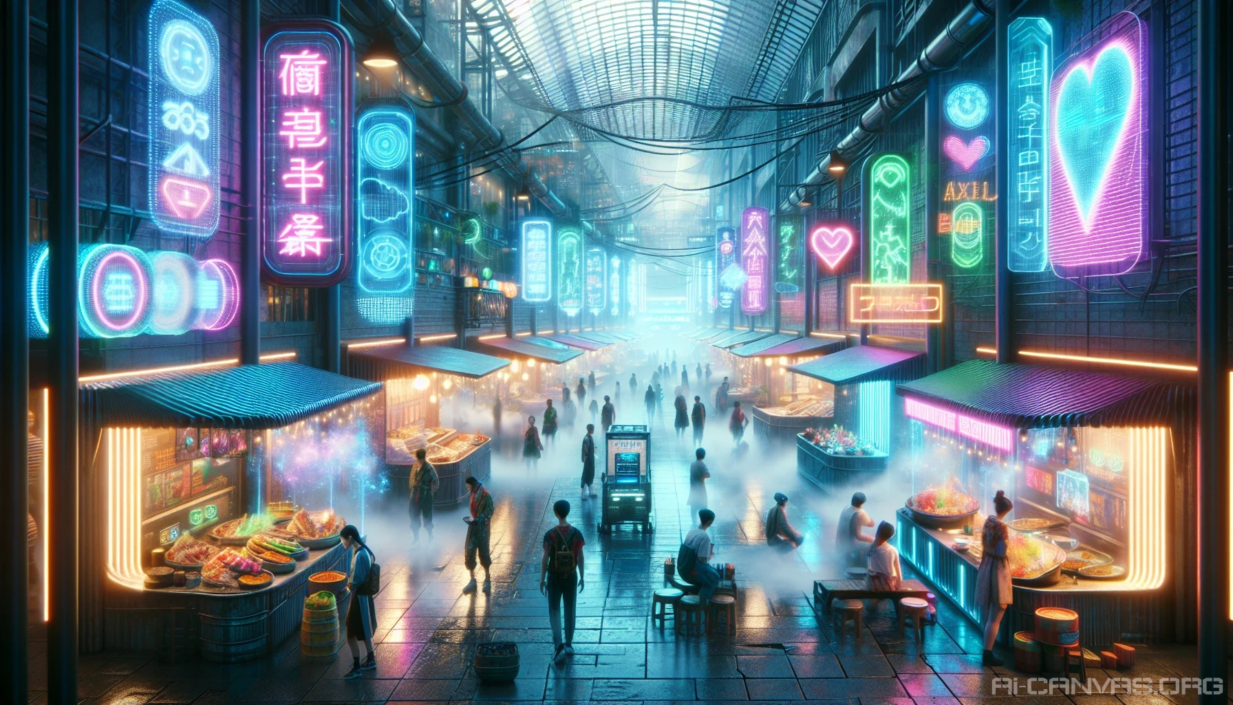 Step into a bustling cyberpunk marketplace brimming with life and energy. Vendors adorned with AI enhancements showcase their unique wares, while neon food stalls waft enticing aromas into the misty air. Holographic advertisements pulse with electric colors, casting a vibrant glow on eager customers. The scene is alive with a blend of technology and culture, where every corner reveals a new delight in this futuristic urban landscape.