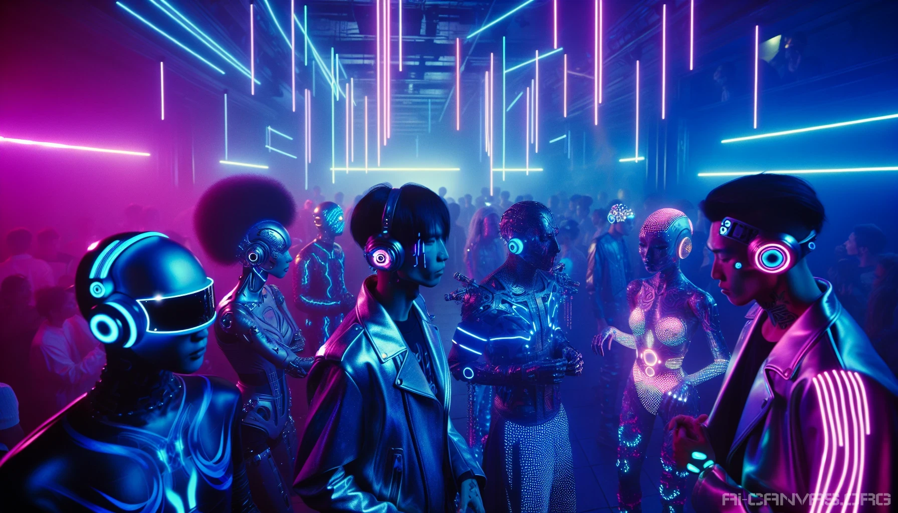 Immerse yourself in a pulsating cyberpunk nightclub, where electric blue and pink neon lights cast an otherworldly glow. The air is thick with energy as a diverse crowd of futuristic individuals dances beneath mesmerizing holographic spotlights. Each silhouette moves with fluid grace, embodying the rhythm of the digital age, while the bass thumps, creating a vibrant atmosphere that ignites the senses and fuels the night.
