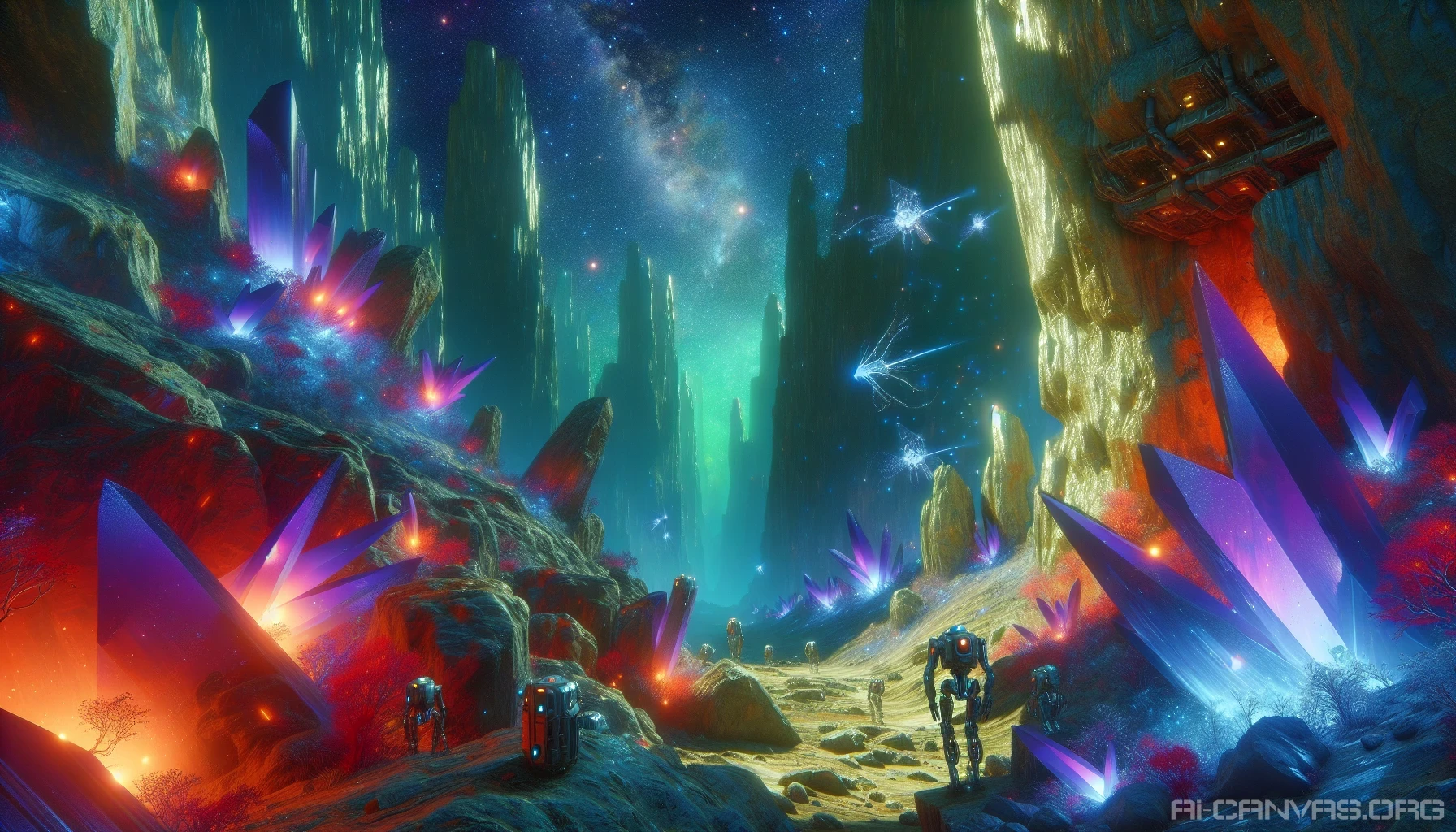 Venture into the depths of an otherworldly landscape, where luminescent minerals pulse with vibrant colors under a starlit sky. Jagged rock formations rise like ancient cathedrals, while robotic miners operate in harmony with alien flora. Ethereal creatures flit through the air, their translucent wings shimmering with bioluminescence. The air is thick with mystery, beckoning explorers to uncover the secrets hidden within this alien mining frontier.