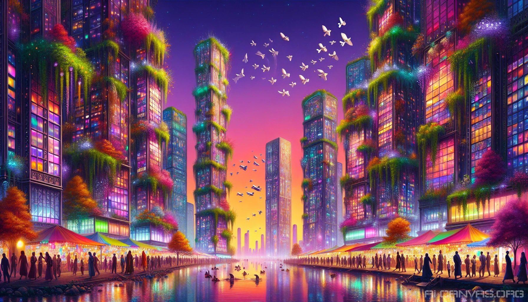 Imagine a bustling metropolis blending with fantastical elements: towering skyscrapers with lush greenery cascading from their walls, neon lights reflecting off a shimmering river, and whimsical creatures blending into the crowd. The sky transitions from day to night, painted in hues of orange and purple, while people meander through vibrant markets bustling with exotic goods. This scene captures the beauty of coexistence between nature and architecture in an otherworldly urban setting.