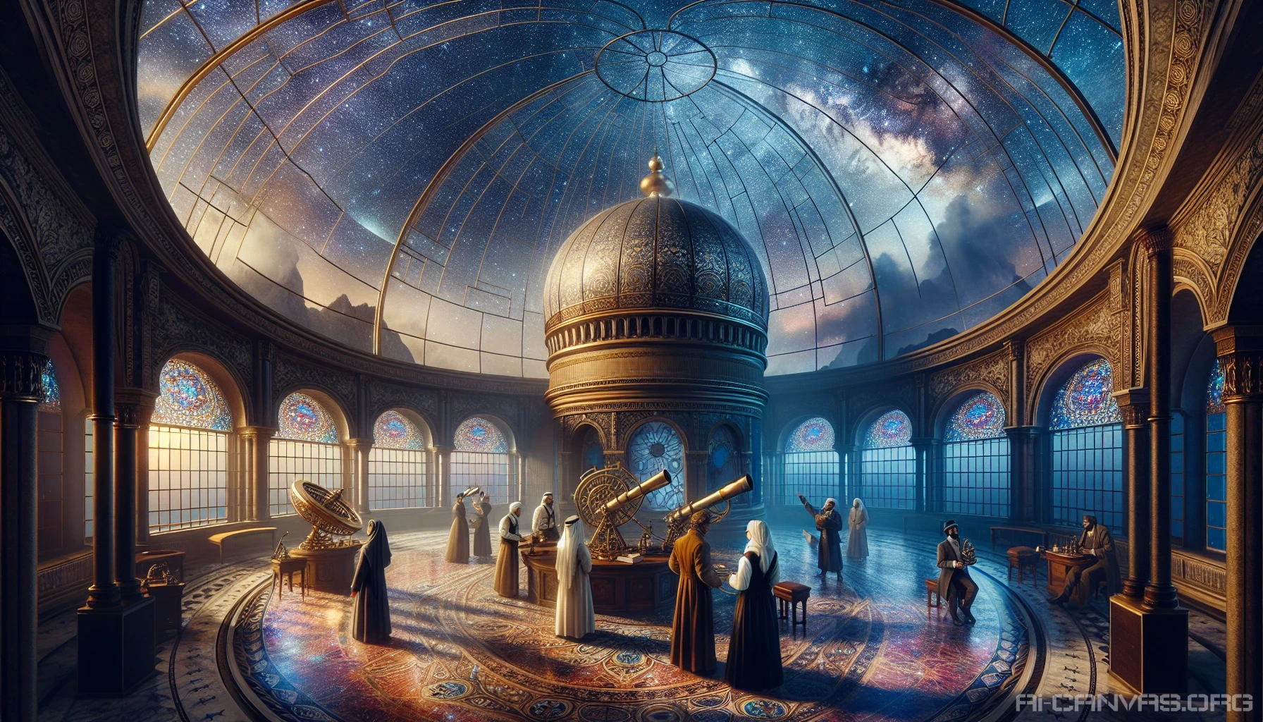 Envision a grand celestial observatory perched on a mountain peak, its ornate domes glimmering under a blanket of stars. Ethereal light filters through vast stained glass windows, casting colorful patterns across the marble floor. Astronomers in vintage attire gather around intricate brass instruments, their faces illuminated by the delicate glow of distant galaxies. The night sky is alive with swirling nebulas and shooting stars, embodying the mysteries of the universe.