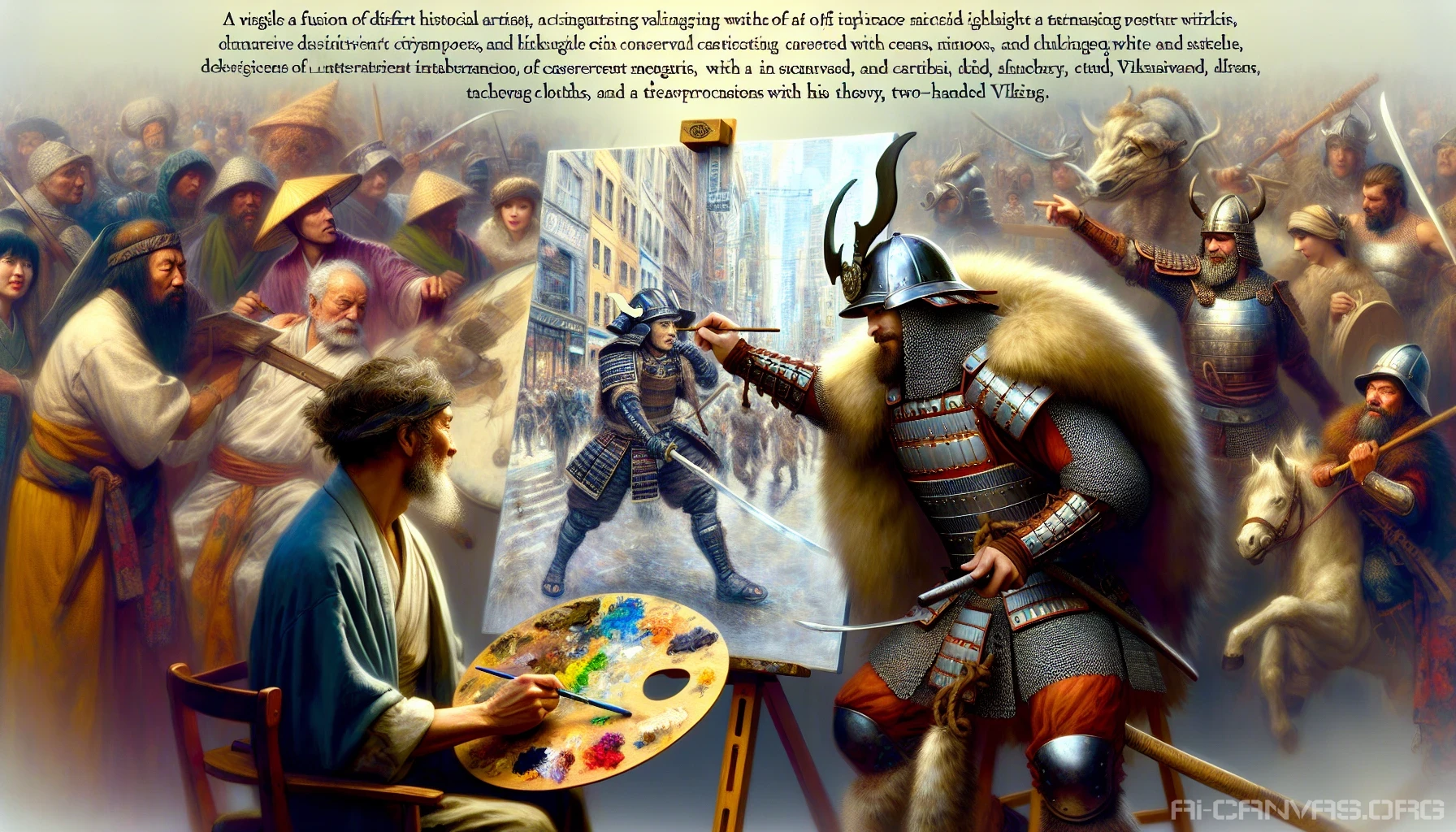 Capture a stunning scene that melds various historical themes, showcasing characters from different eras interacting in a vibrant marketplace. Imagine a Renaissance artist painting a modern cityscape, while a Samurai warrior shares tales with a Viking warrior. The setting is rich with historical artifacts, colorful textiles, and a diverse crowd, creating a dynamic tapestry of cultures that transcends time and highlights humanity's enduring spirit.