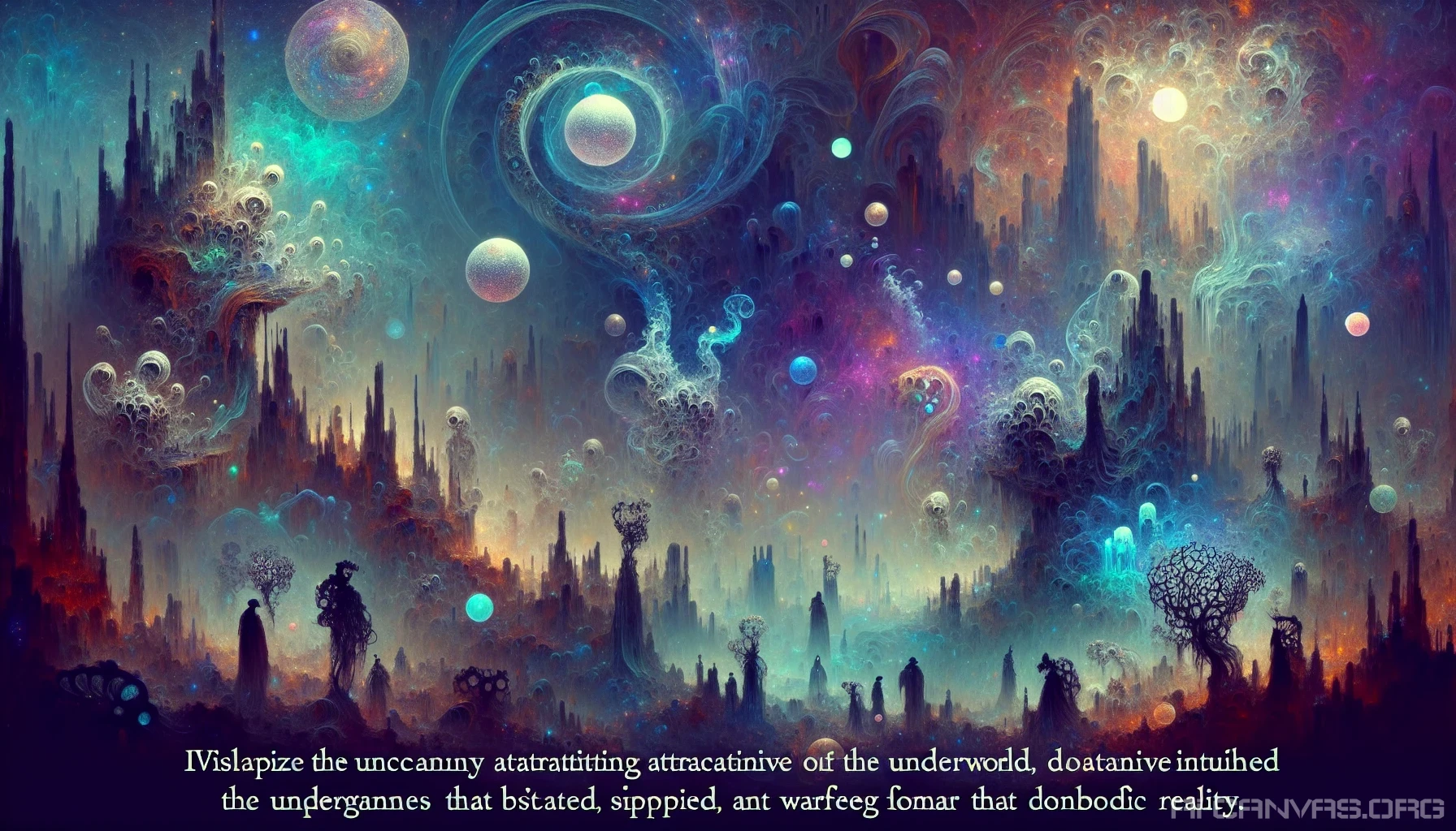 Imagine a haunting landscape where the eerie beauty of the Netherworld comes alive. Dark, swirling mists intertwine with ethereal light, revealing ghostly figures and surreal, twisted flora that defy reality. Shadows dance ominously beneath a sky painted with otherworldly hues. Gothic ruins emerge from the fog, hinting at long-forgotten tales, while luminous orbs float mysteriously, beckoning explorers into the depths of this enchanting yet foreboding realm.