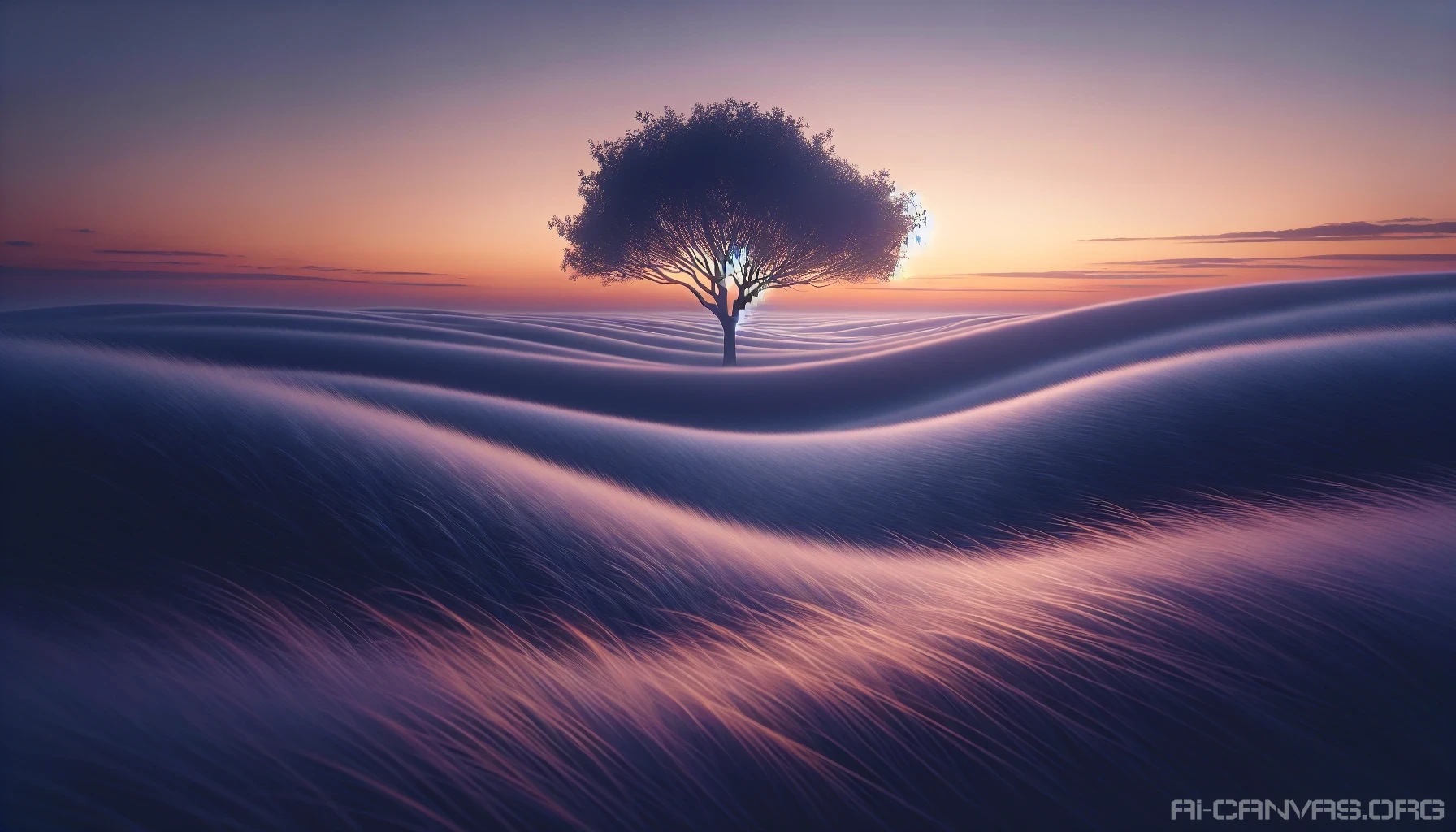 Envision a serene landscape where simplicity reigns supreme, featuring a lone, elegant tree silhouetted against a muted sunset sky. The foreground showcases soft, flowing grasses that gently sway with the breeze, while the background fades into subtle hues of orange and lavender. This tranquil scene embodies minimalism, inviting viewers to find peace and clarity in the beauty of simplicity and natural elements.