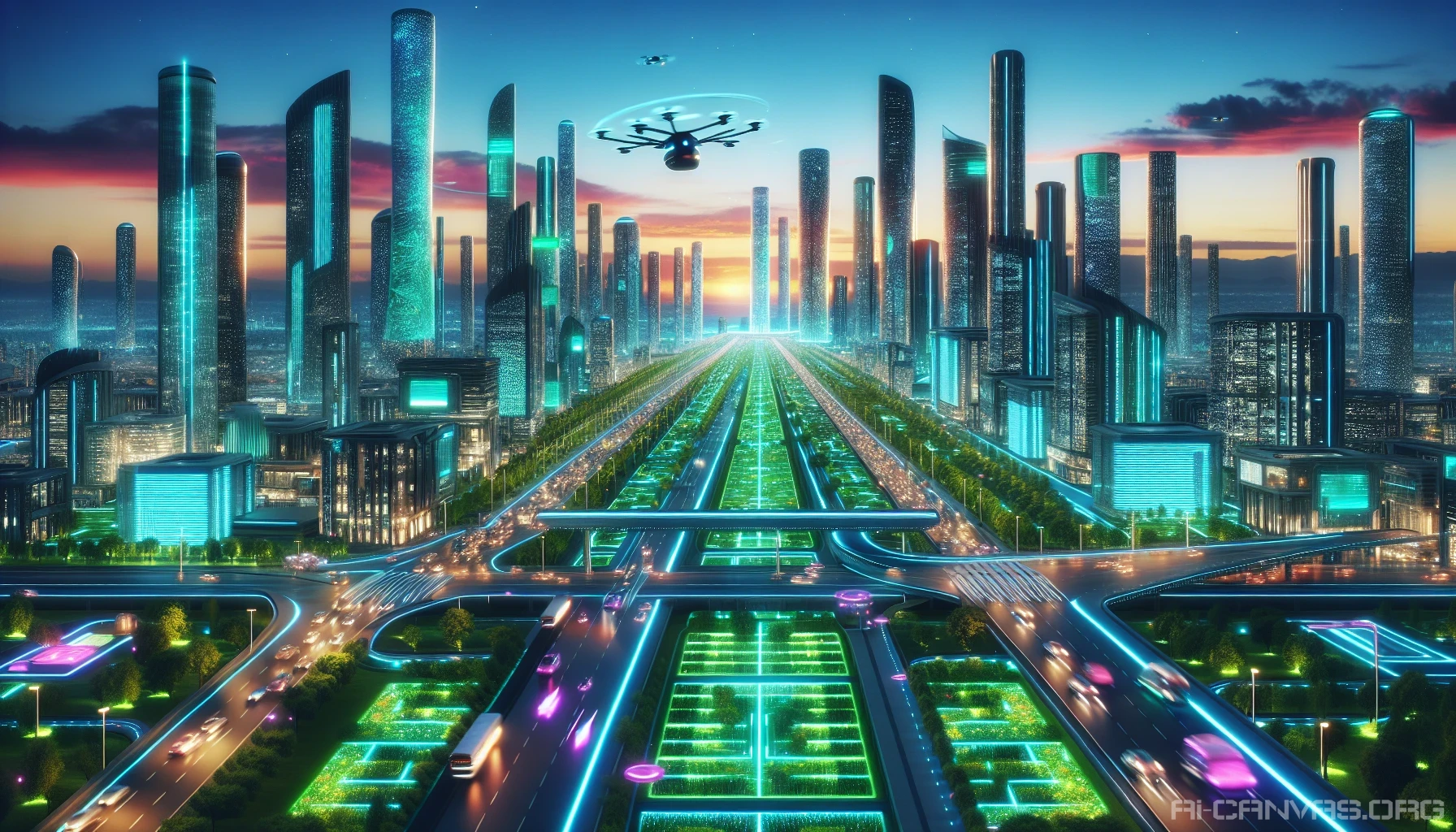 Imagine a sprawling metropolis bathed in the glow of neon lights, where sleek skyscrapers pierce the twilight sky. Elevated walkways connect vibrant, bioluminescent parks, while drones zip through the air, delivering goods to the bustling streets below. Holographic advertisements flicker, displaying art and technology intertwined. Futuristic vehicles glide silently along magnetic roads, creating a harmonious blend of nature and innovation in this breathtaking city of tomorrow.