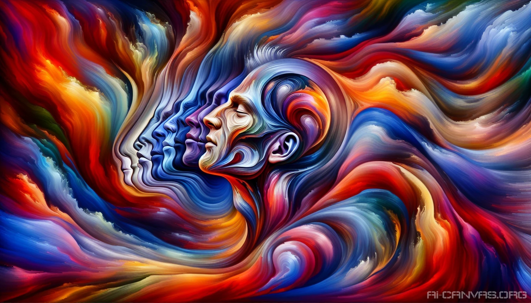 Capture a mesmerizing scene where vivid colors swirl together, representing a whirlwind of emotions. The foreground features a figure whose expressive face radiates joy, sorrow, and passion, each emotion contrasting yet harmonizing beautifully. In the background, abstract shapes and flowing lines mimic the inner turmoil of the heart and mind, inviting the viewer to explore the depths of human sentiment through this vibrant, emotional tapestry.