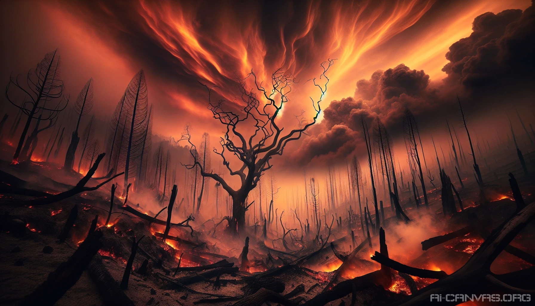 Visualize a haunting yet captivating landscape where charred trees stand stark against an ethereal orange sky, ignited with streaks of crimson and gold. The remnants of a once lush forest create a profound contrast, with twisted branches reaching skyward like skeletal fingers. Wisps of smoke curl through the air, while the ground is scattered with ash, invoking a sense of both tragedy and the indomitable spirit of nature’s resilience.