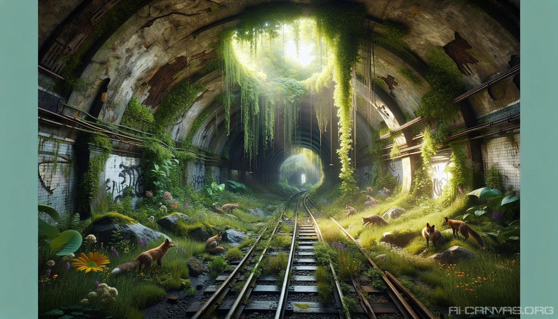 Imagine a forgotten subway tunnel, overgrown with lush, vibrant foliage that spills over rusted tracks. Sunlight filters through cracked ceilings, illuminating a tapestry of wildflowers and creeping vines. Animals like foxes, raccoons, and birds reclaim this urban space, creating a harmonious blend of nature and decay. The air is thick with the scent of earth and greenery, while the distant echo of water dripping adds a serene soundtrack to this hidden sanctuary.