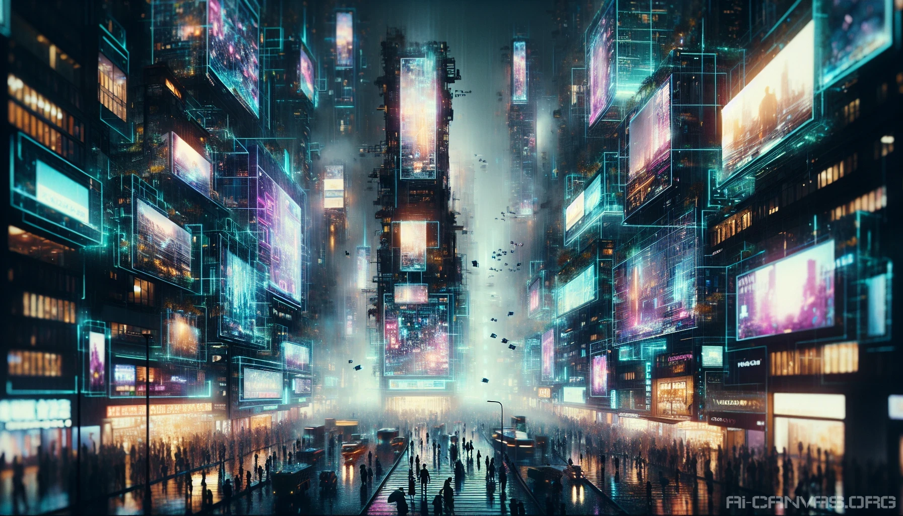 Imagine a sprawling cityscape drenched in neon lights, where towering skyscrapers pierce the night sky, their surfaces alive with animated advertisements. The air is thick with a blend of rain and electric energy, as holographic displays flicker above bustling streets. Cybernetic figures, adorned in futuristic fashion, navigate the vibrant chaos, while distant drone shadows zip through the fog. Experience a fusion of technology and humanity in this captivating metropolis.