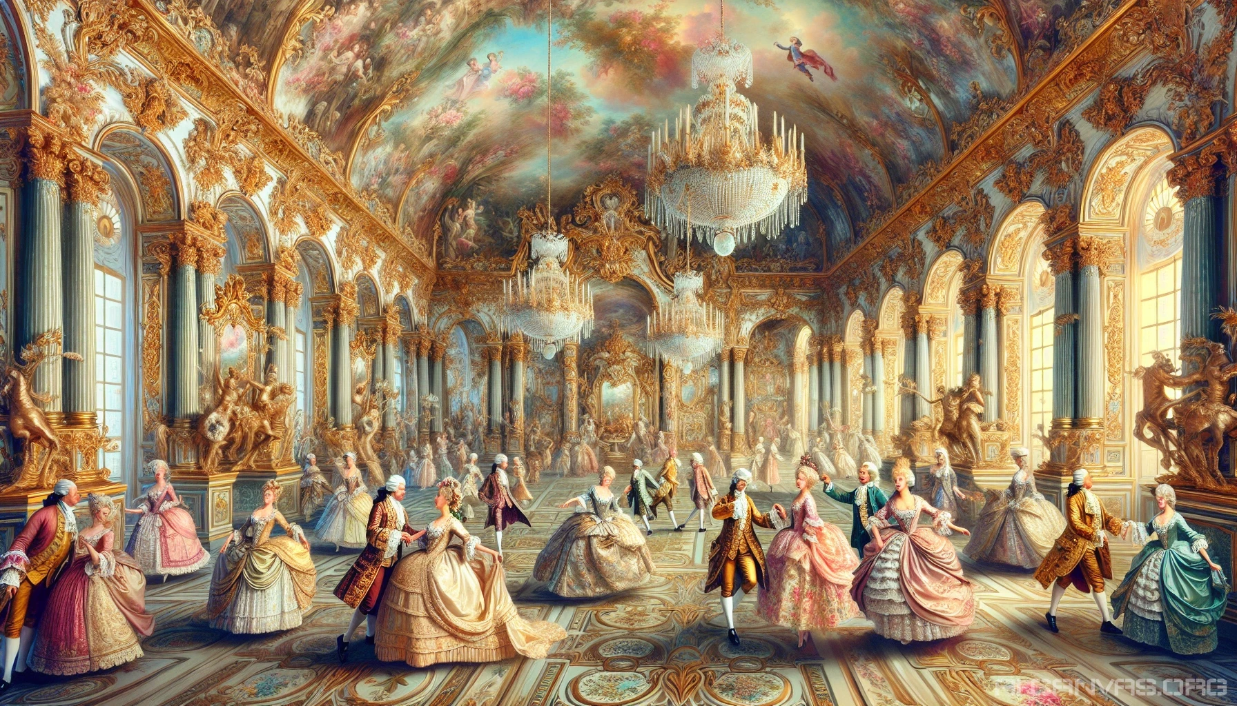 Capture an enchanting Rococo scene filled with ornate gold leaf decorations, elaborate floral patterns, and delicate pastel colors. Visualize a grand ballroom where elegantly dressed figures waltz beneath opulent chandeliers, their garments flowing like soft silk. The walls are adorned with intricate frescoes and mirrors reflecting the lavish opulence of this 18th-century artistic movement, evoking a sense of whimsy and romanticism that transports viewers to a world of elegance.