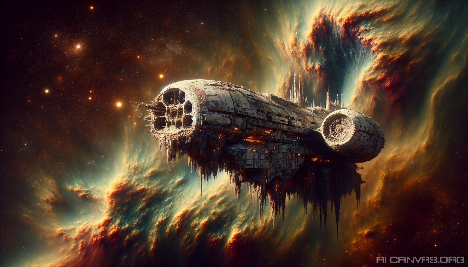 A colossal, abandoned starship drifts silently through the inky depths of space, its hull adorned with rust and moss. Glowing nebulae swirl around it, casting eerie shadows on the ship's fractured exterior. The cockpit, lined with shattered screens, hints at its once-glorious past, while distant stars twinkle like forgotten dreams. An aura of mystery envelops this derelict vessel, inviting exploration of its haunting stories.