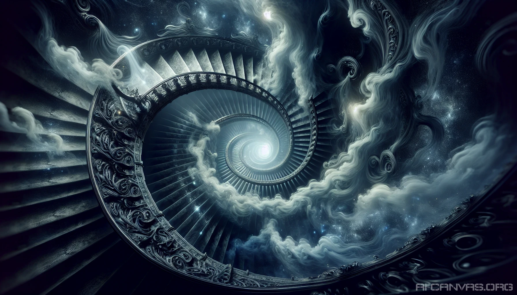 A striking visual of an infinite spiral staircase emerging from a swirling void. The staircase, intricately detailed with ornate carvings, spirals downward into an abyss of shimmering darkness, evoking a sense of wonder and unease. Ethereal lights flicker along the edges, casting shadows that dance with mystery. Clouds of mist swirl around the base, deepening the illusion of an endless descent into the unknown.