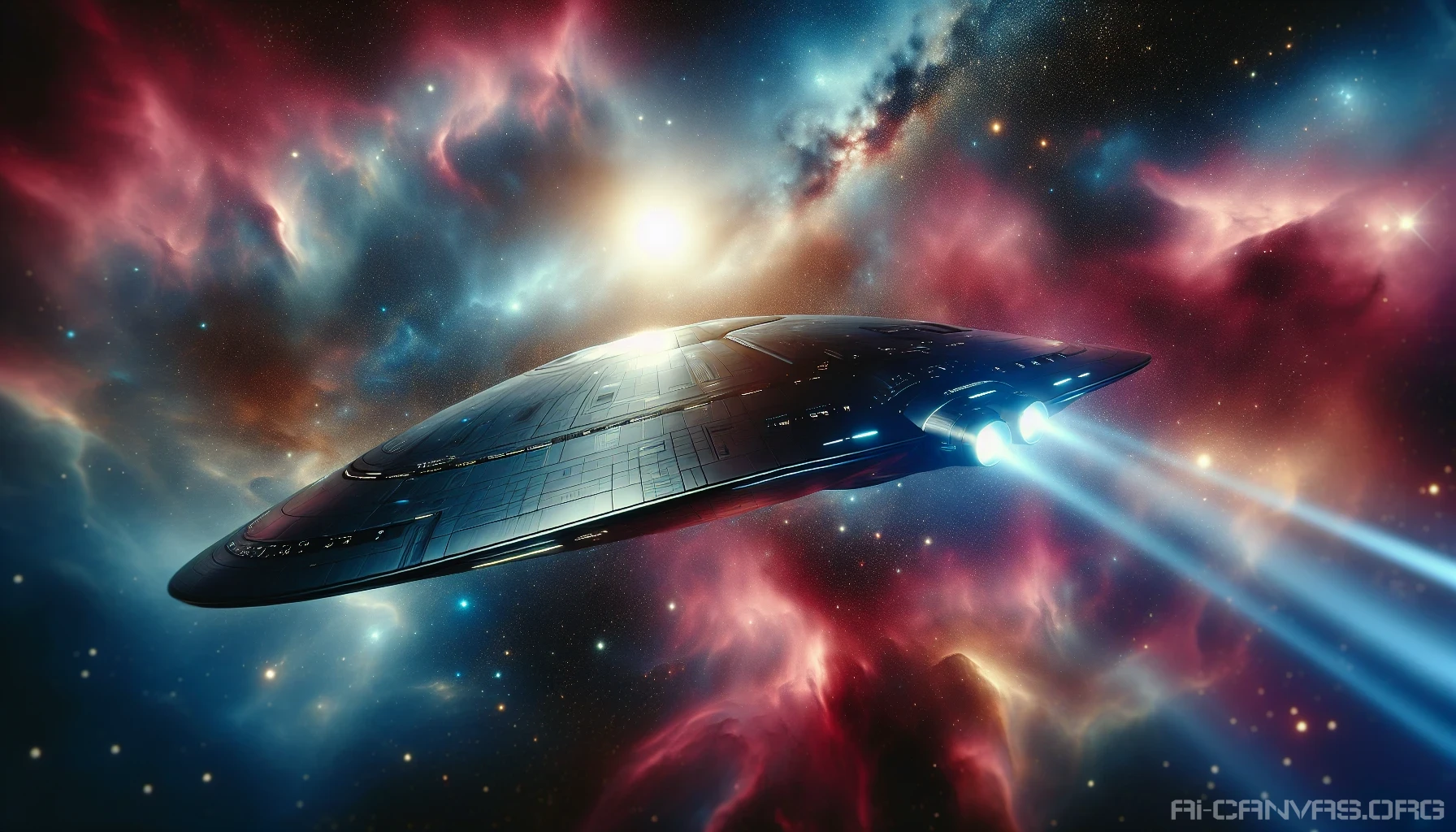 Celestial Voyager  
A sleek, futuristic spaceship glides gracefully through the vast expanse of space, its metallic hull shimmering under the glow of a distant star. Vibrant colors swirl around the celestial body, casting ethereal light that dances across the ship’s surface. Nebulas and clusters of twinkling stars create a cosmic backdrop, while the ship’s thrusters emit a soft, radiant glow, hinting at its advanced technology and audacious journey into the unknown.