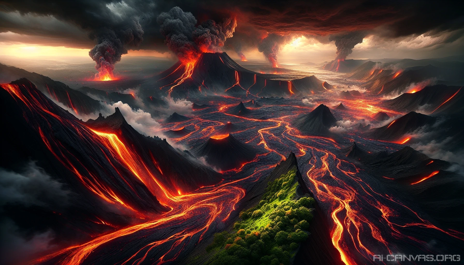 Picture a dramatic landscape dominated by the raw power of volcanic plains, where flowing lava contrasts with rugged black cliffs and sprawling fields of ash. Wisps of smoke curl into the sky while molten rock glows with fiery oranges and vivid reds. In the foreground, resilient green plants fight for survival against the harsh terrain, embodying nature's persistence amidst chaos, all under a darkening stormy sky that adds to the intensity.