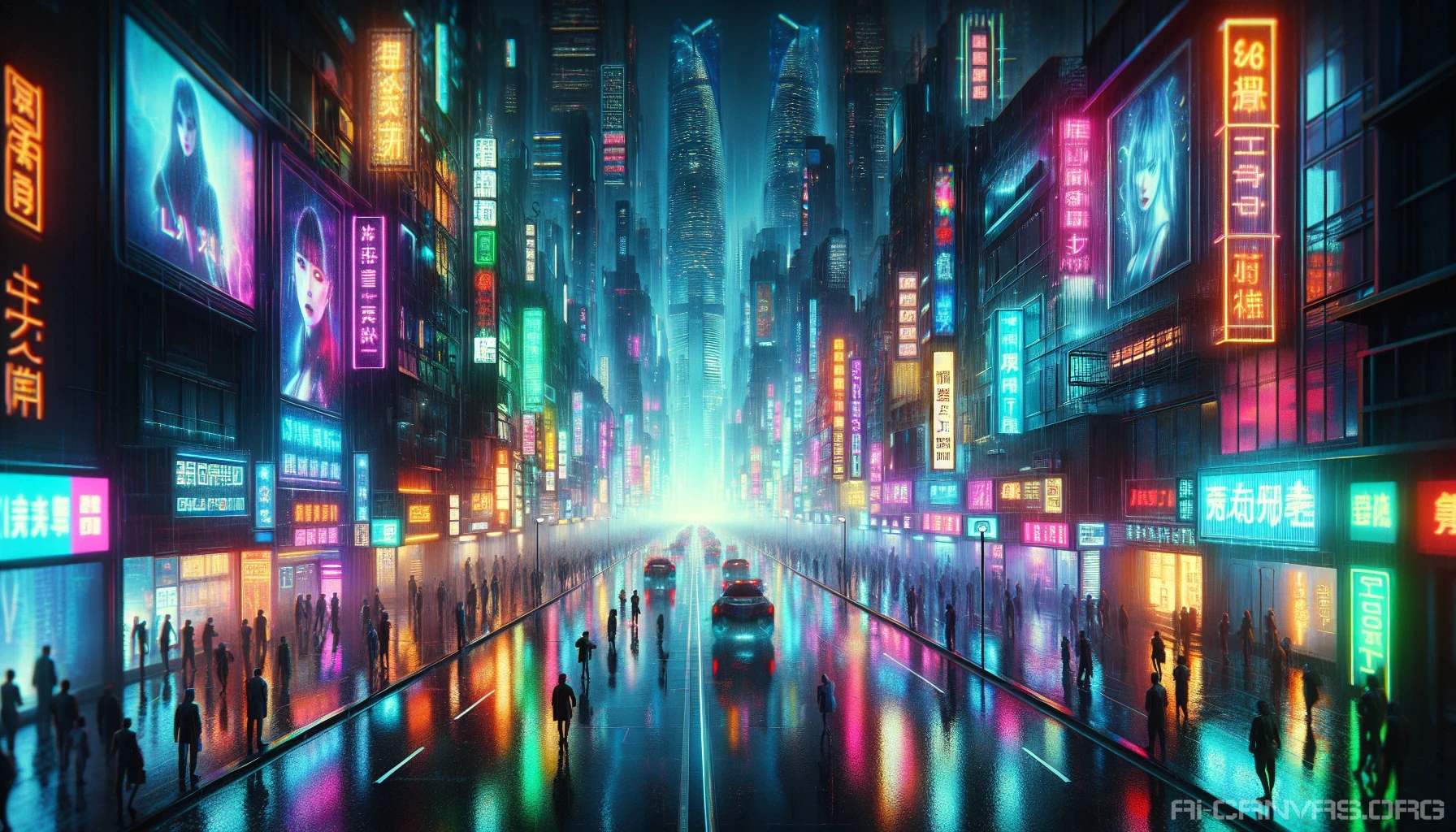 Immerse yourself in a neon-drenched cyberpunk cityscape at the stroke of midnight. Rain-soaked streets shimmer with the reflections of vibrant holographic billboards and flashing LED signs, casting a kaleidoscope of colors on the wet asphalt. Towering skyscrapers loom overhead, their silhouettes outlined by pulsating lights, while diverse figures traverse the streets, wrapped in futuristic attire and illuminated by the electric ambiance of a world where technology and humanity collide.