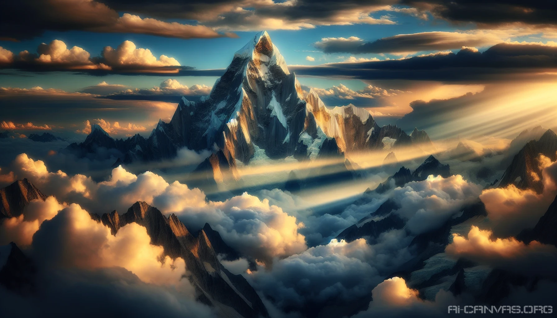 Envision a breathtaking mountain peak piercing the clouds, its rugged summit crowned with glistening snow. The surrounding sky is a vibrant canvas of twilight hues, with golden rays of the setting sun illuminating the wispy cloud formations below. A sense of serene isolation pervades the scene, inviting the viewer to feel the crisp air and the grandeur of nature's untouched beauty.