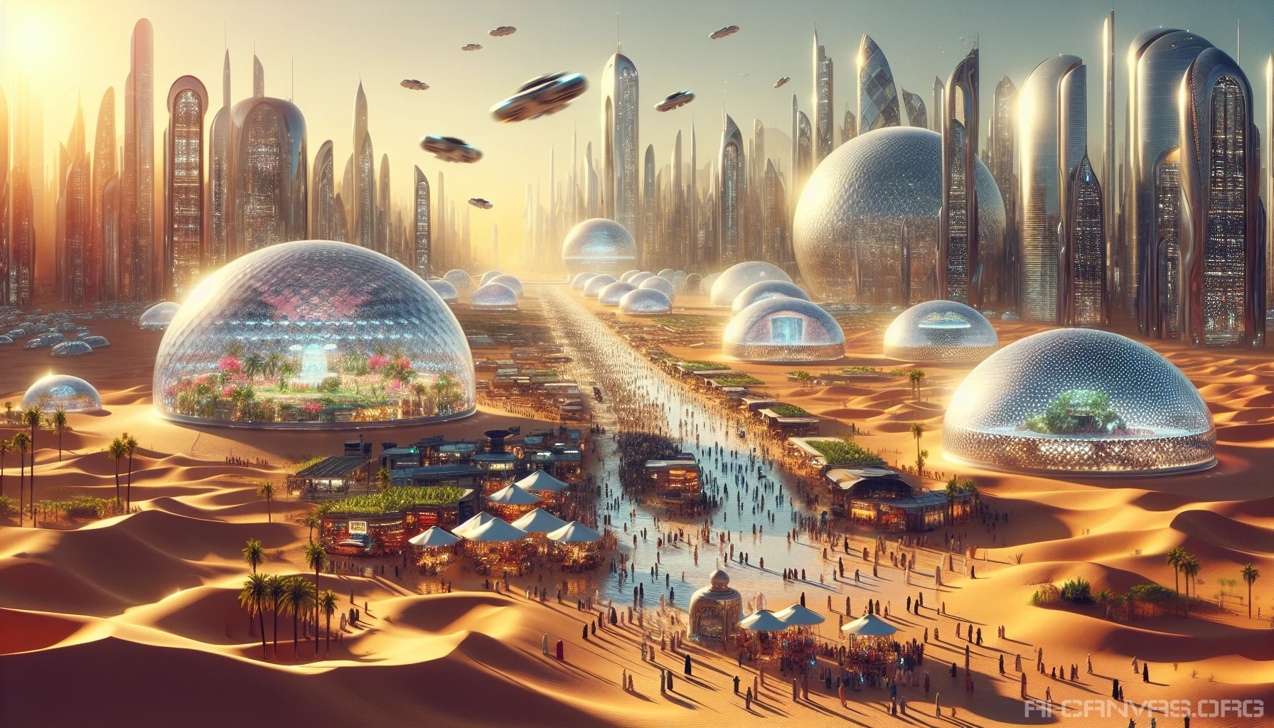 Imagine a sprawling futuristic city composed of sleek, translucent domes shimmering under the relentless sun. Nestled amidst golden sands, the city thrives with lush greenery and vibrant solar panels glistening in the heat. Hovering vehicles zip between domes, while residents enjoy open-air markets filled with exotic goods. A shimmering oasis nearby reflects the vibrant life, showcasing a perfect harmony of advanced technology and nature’s beauty in an arid landscape.