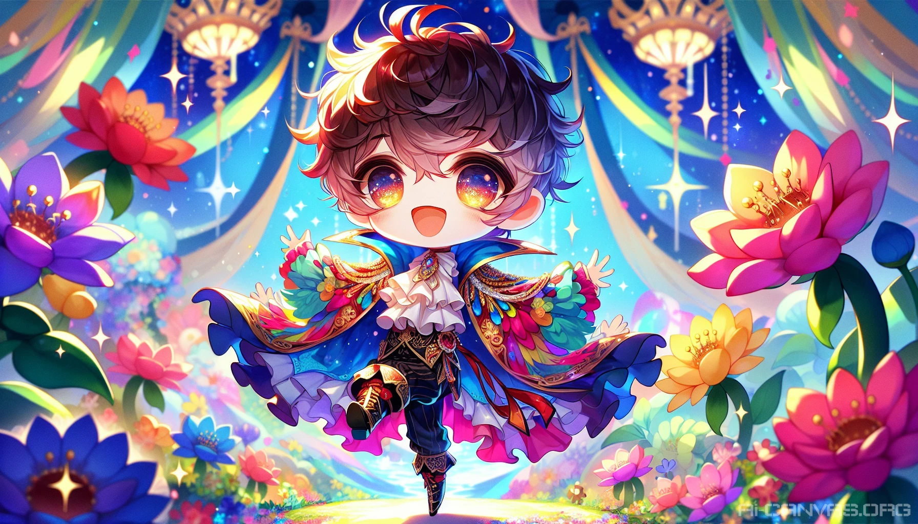 Imagine a whimsical chibi character brimming with oversized eyes and an adorably disproportionate body, set against a vibrant, fantastical backdrop. This character sports oversized clothing that flows dramatically, cascading in playful colors, while an exuberant expression captures pure joy. The scene is filled with oversized flowers and sparkling stars, enhancing the magical atmosphere and inviting viewers into this playful world of imagination and charm.