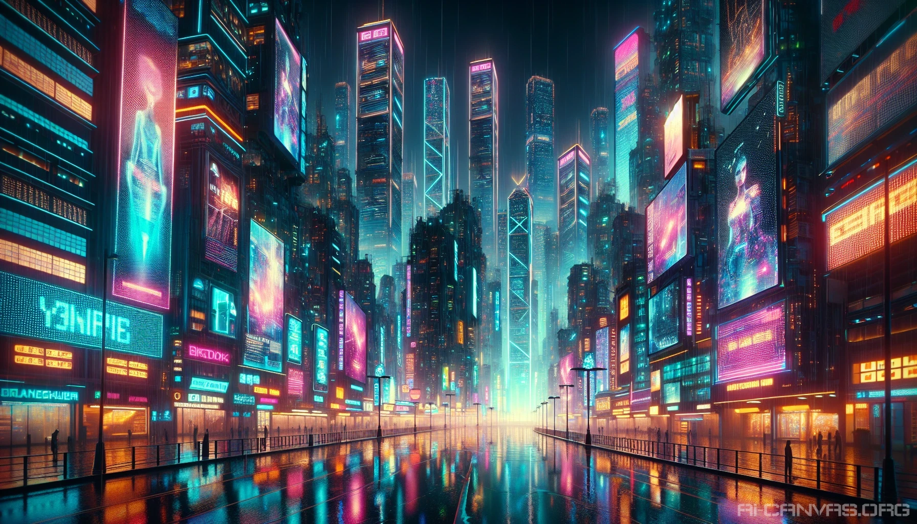 Immerse yourself in a breathtaking cyberpunk cityscape where towering skyscrapers pierce the night sky, their sleek surfaces glistening with rain. Neon lights flicker and pulse, casting vibrant reflections on the wet streets below. Holographic billboards advertise fantastical products, bathing the scene in a kaleidoscope of colors. The atmosphere is electric, alive with a futuristic energy that hints at both hope and chaos in this digital utopia.