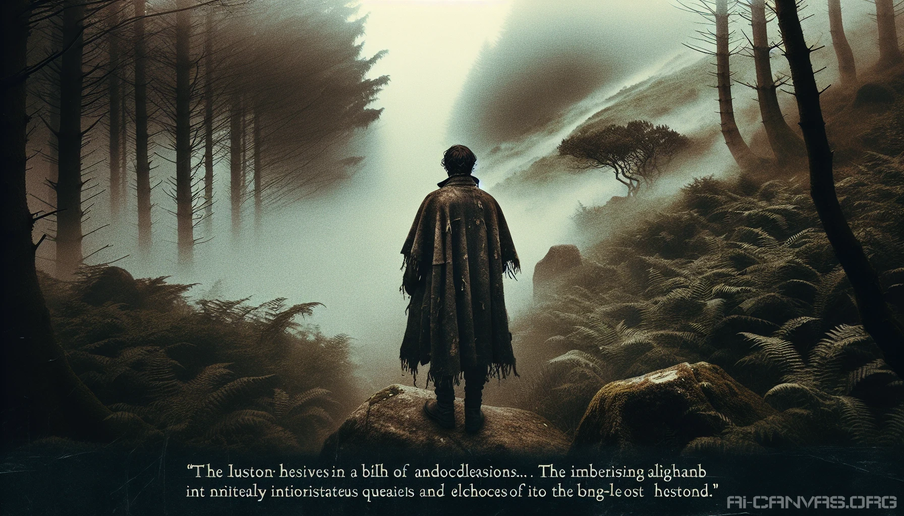 A solitary figure stands at the edge of a misty forest, cloaked in a tattered coat that hints at countless journeys. The dense fog swirls around, partially revealing an ancient pathway leading into the unknown. Shadows dance among the trees, suggesting secrets of a forgotten past. The traveler gazes ahead, eyes filled with a mix of determination and haunting memories, embodying the spirit of adventure and intrigue.