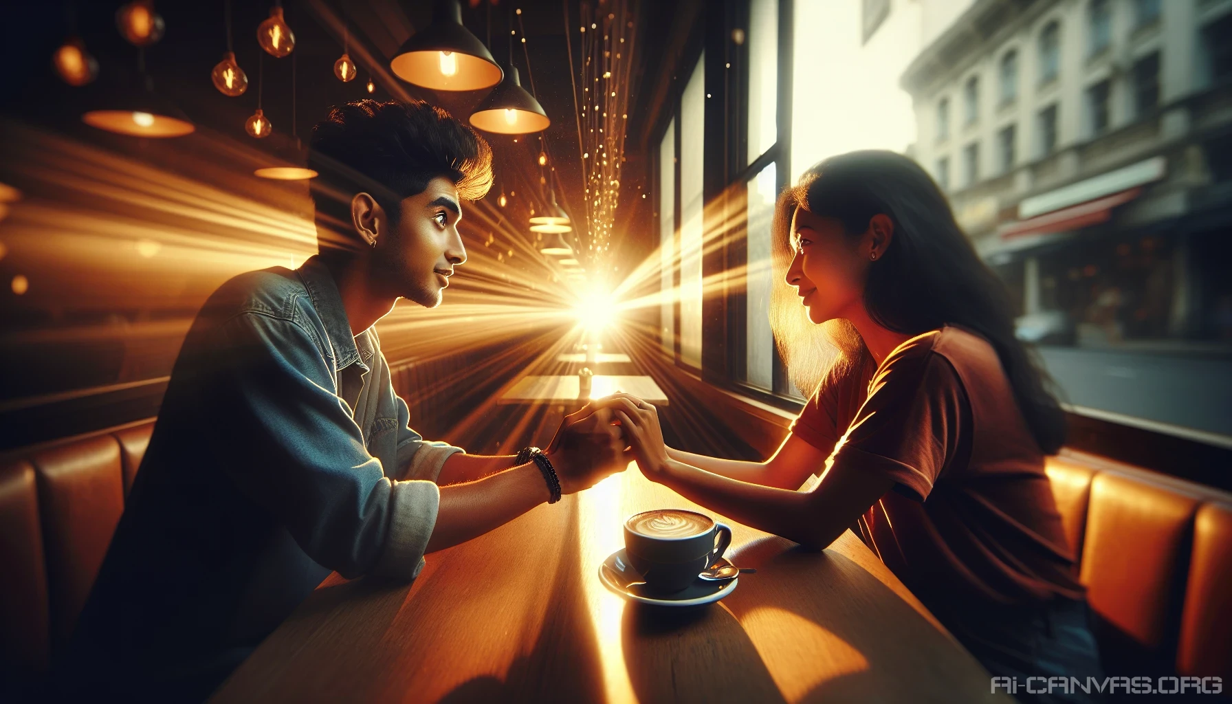 This captivating scene captures a quiet café at dusk, where two friends sit across from each other, their eyes locked in a mix of surprise and vulnerability. A spilled cup of coffee lies forgotten between them, as the warmth of true feelings begins to ignite in the air. Enveloping them, golden-hued sunlight filters through the window, casting shadows that dance around their newfound connection, making this moment unforgettable.