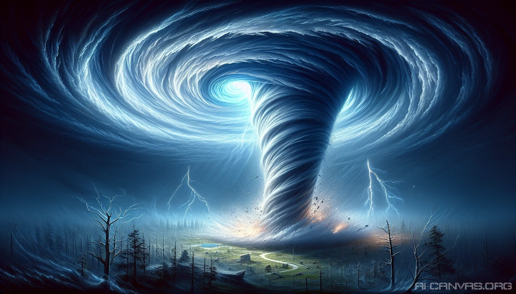 Imagine a colossal, swirling tornado captured in its eye, revealing a mesmerizing, tranquil chamber at its center. Vivid shades of blue and grey whirl around, contrasting against the calm and eerie beauty within. Flashes of electric lightning dance across the periphery, illuminating the chaos outside. Surrounding this phenomenon, windswept landscapes display the raw power of nature, with trees bending and debris swirling in the tempest's embrace.