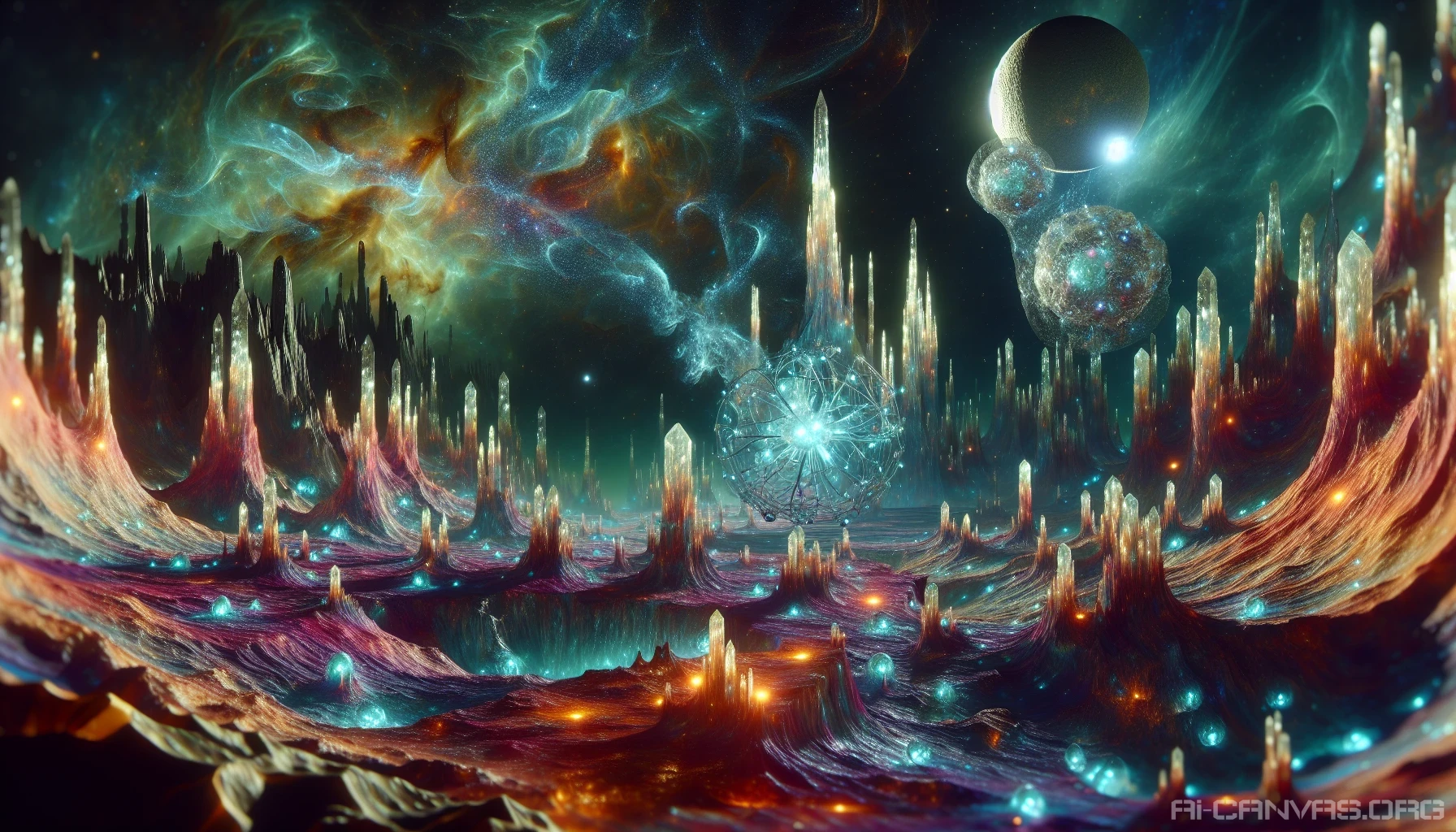 Dive into a surreal alien world where glowing mines emerge from the iridescent surface of a distant planet. Jagged crystal formations tower against a sky pulsating with swirling nebulae, casting ethereal shadows. Strange creatures scuttle between the mines, their luminous bodies reflecting the vibrant hues of the landscape. This otherworldly tableau invites exploration into the mysteries of an uncharted universe, teeming with life and intrigue.
