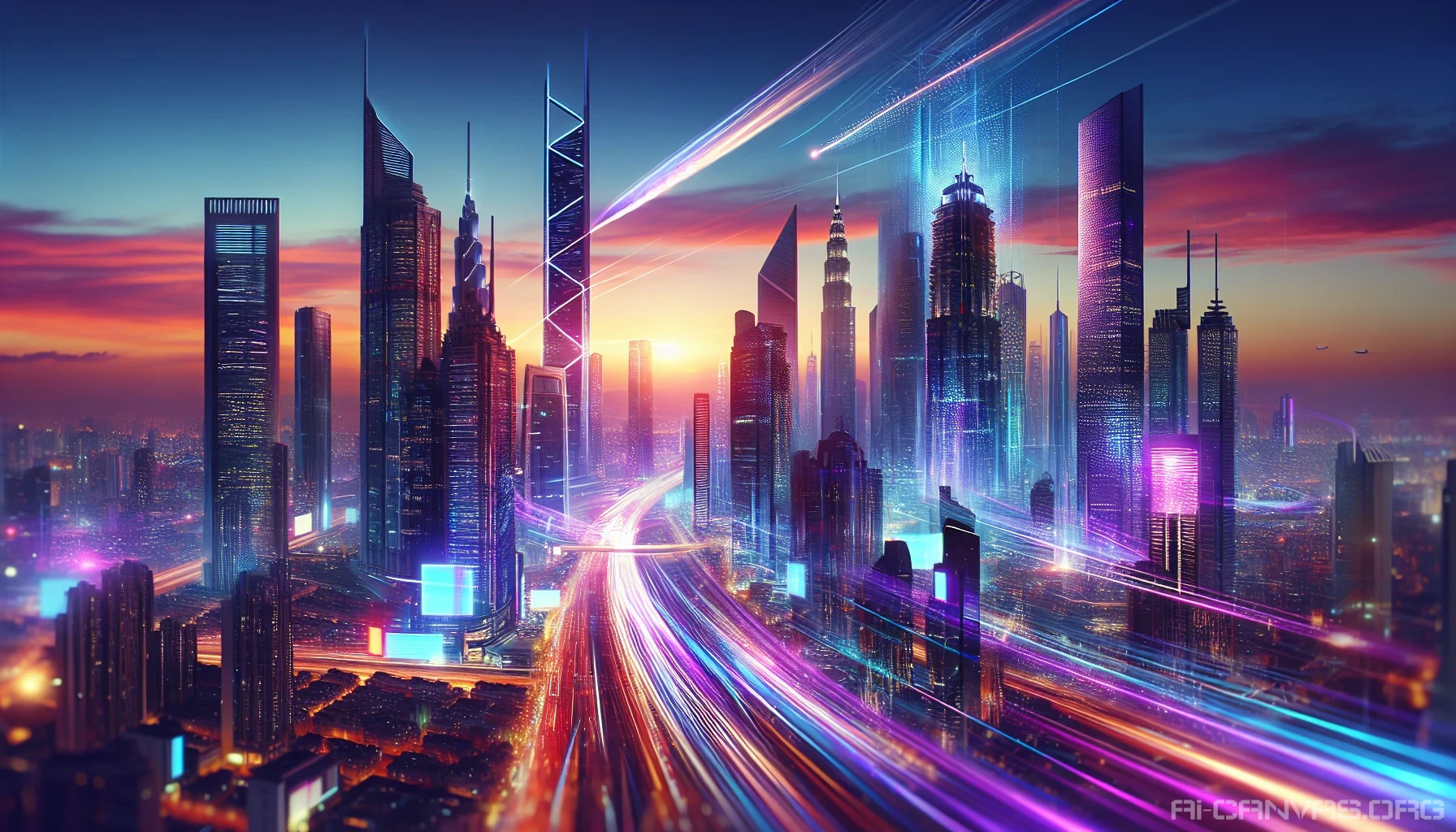 A breathtaking skyline emerges as dusk blankets the horizon, where colossal skyscrapers reach for the stars, their surfaces alive with vibrant, animated advertisements. Flying cars zip through the air, leaving trails of neon light that dance against the twilight sky. The atmosphere buzzes with energy, showcasing a bustling urban landscape that blends advanced technology with a mesmerizing sunset, inviting viewers into a world brimming with innovation and vibrancy.