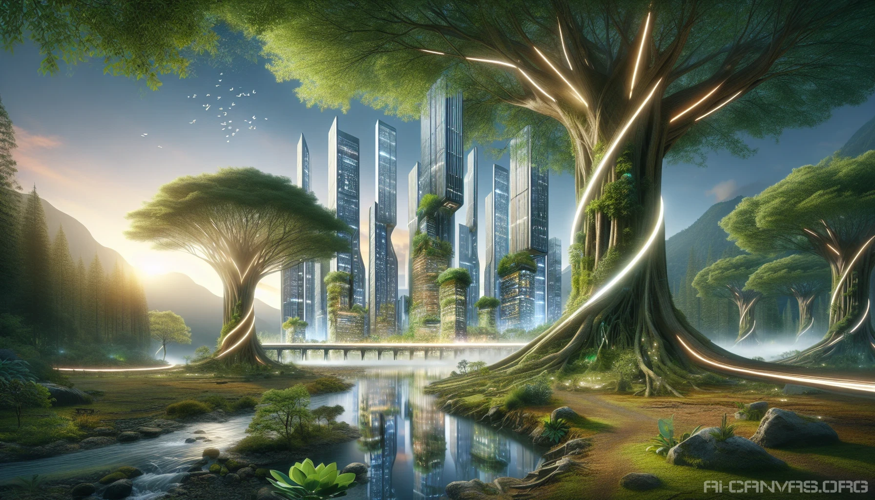 Imagine a stunning scene where towering skyscrapers intertwine with ancient trees, their roots elegantly wrapping around high-tech structures. Neon lights cast a vibrant glow on lush green foliage, while a serene river flows through, reflecting the harmony of nature and technology. A soft mist rolls in, enveloping the landscape, as wildlife thrives amidst the innovation, showcasing a future where both realms coexist in breathtaking balance.
