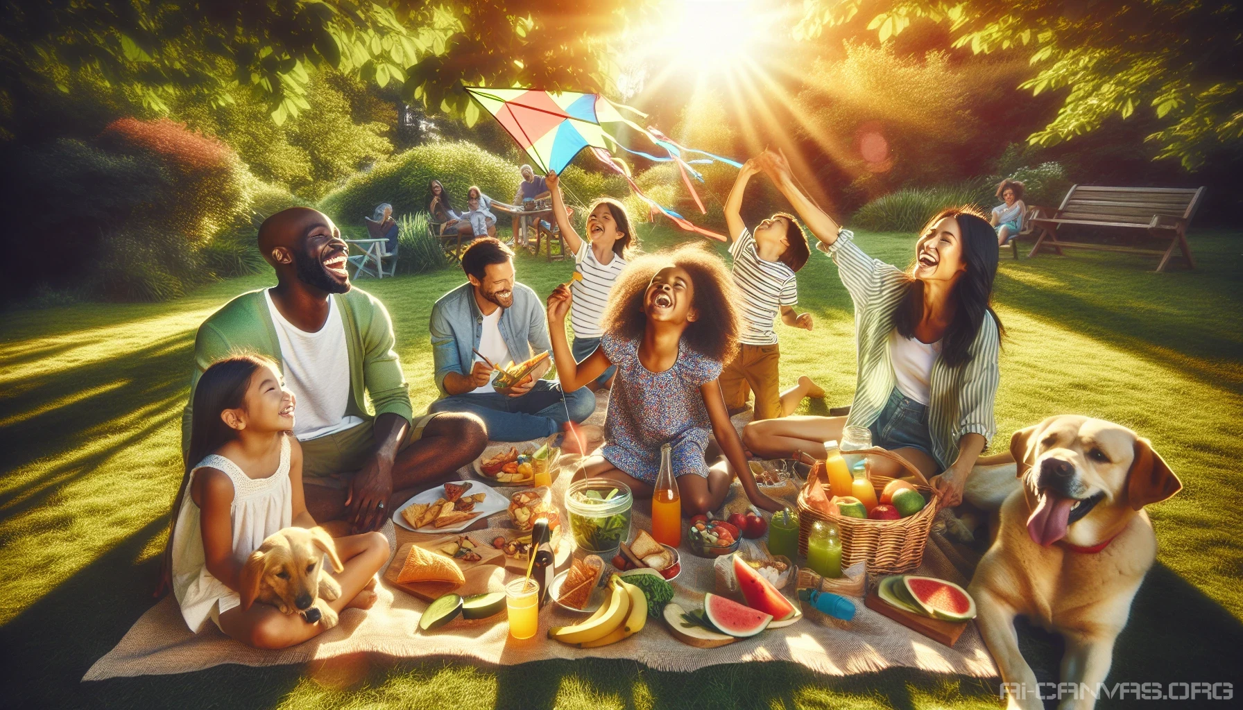 Capture a vibrant scene of a family enjoying a sunny picnic in a lush park. Parents and children laugh together, sharing delicious homemade food, while a playful dog runs around. Dappled sunlight filters through the trees, creating a warm and inviting atmosphere. The kids fly kites, and there's a blanket spread with colorful fruits and drinks, illustrating the joy and closeness of family life.