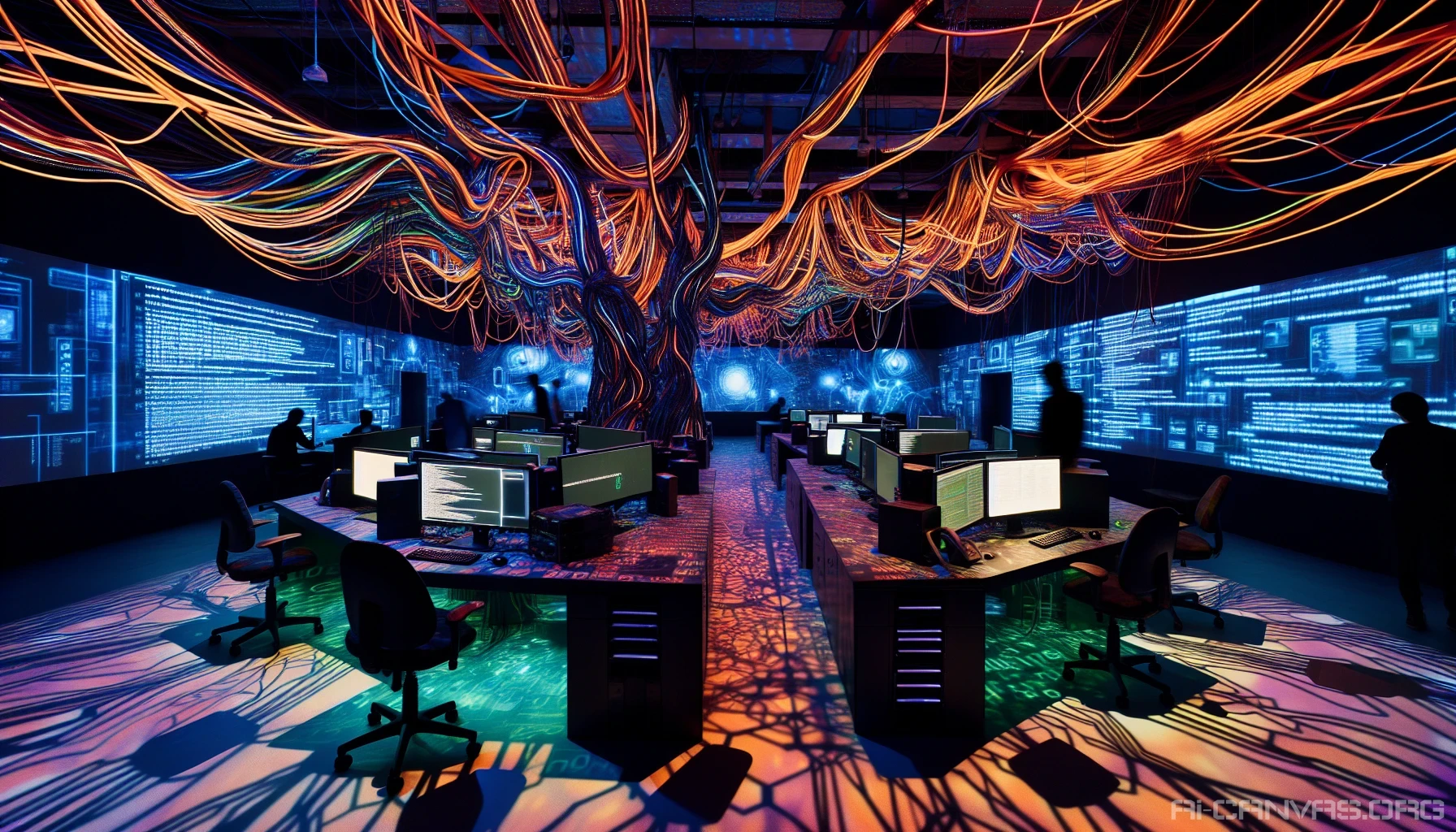 Dive into an underground hacker base teeming with energy and intrigue. The room is alive with flickering monitors displaying streams of code, while colorful cables weave through the air like vines. Shadows dance across the walls adorned with digital graffiti. Each workstation hosts a unique setup, highlighting the eccentricity of its occupant. A palpable sense of rebellion and ingenuity fills the space, inviting curiosity and exploration.