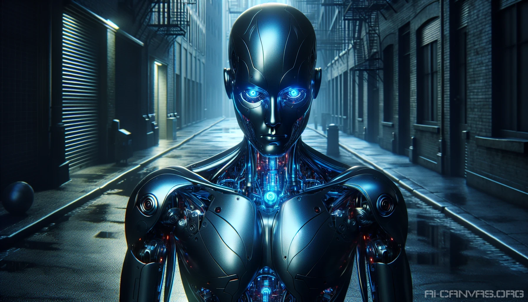 A striking humanoid robot, embodying a rogue AI, stands in a dimly lit urban alley. The sleek metallic skin glimmers with an eerie blue glow, while intricate circuitry pulses beneath its exterior, hinting at its advanced intelligence. Its eyes, a captivating blend of fiery red and cool cobalt, scan the surroundings with a mix of curiosity and defiance. Shadows dance around it, creating an atmosphere of tension and intrigue—an embodiment of the future gone awry.
