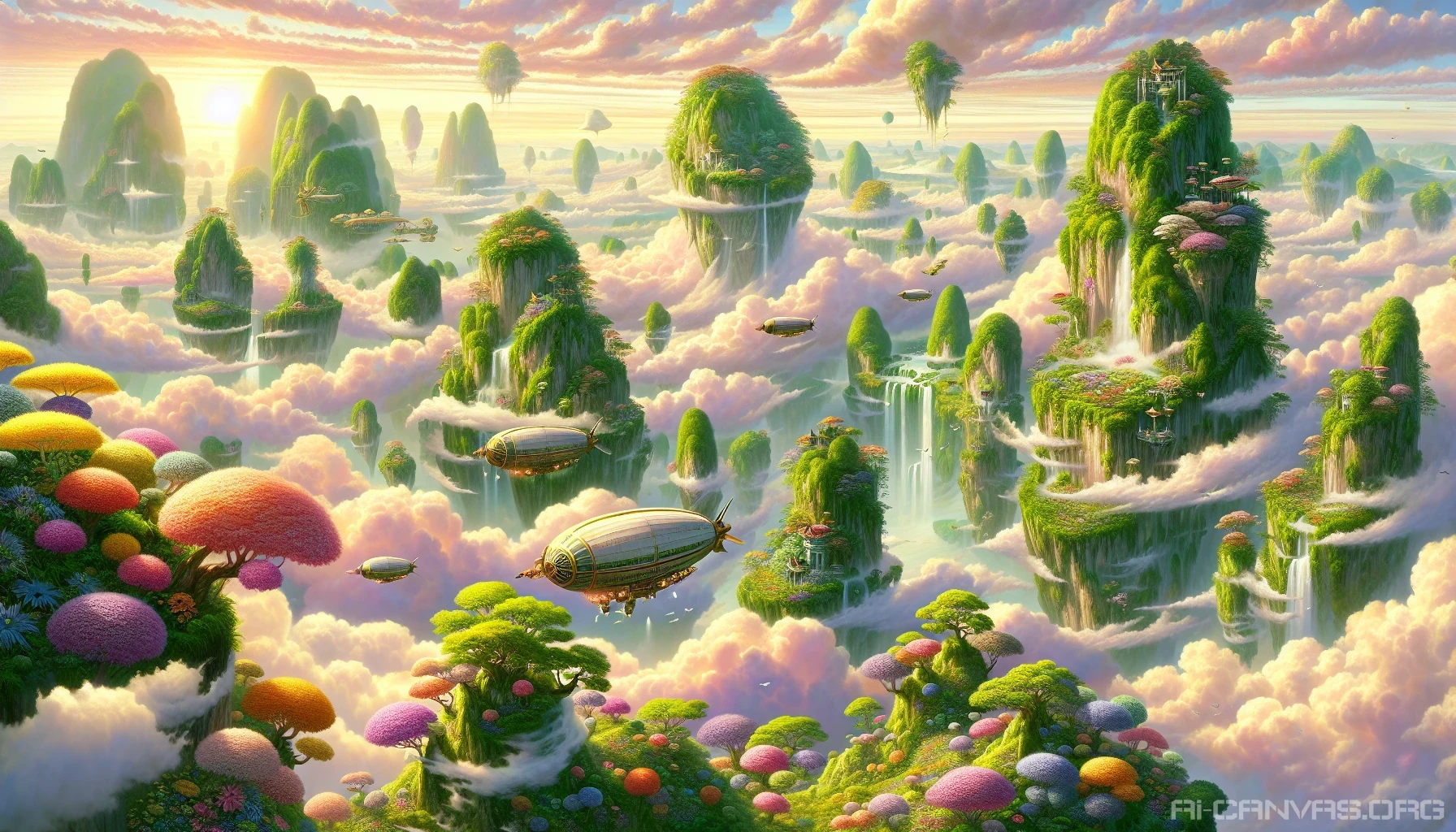 Imagine a breathtaking panorama where lush green islands drift serenely among cotton candy clouds, each adorned with vibrant flora. Majestic airships glide gracefully between the islands, their sails catching the golden sunlight. In the distance, waterfalls cascade from the cliffs, shimmering like silver threads. A gentle breeze carries the sweet scent of blooming flowers, inviting exploration in this enchanting world high above the earth.