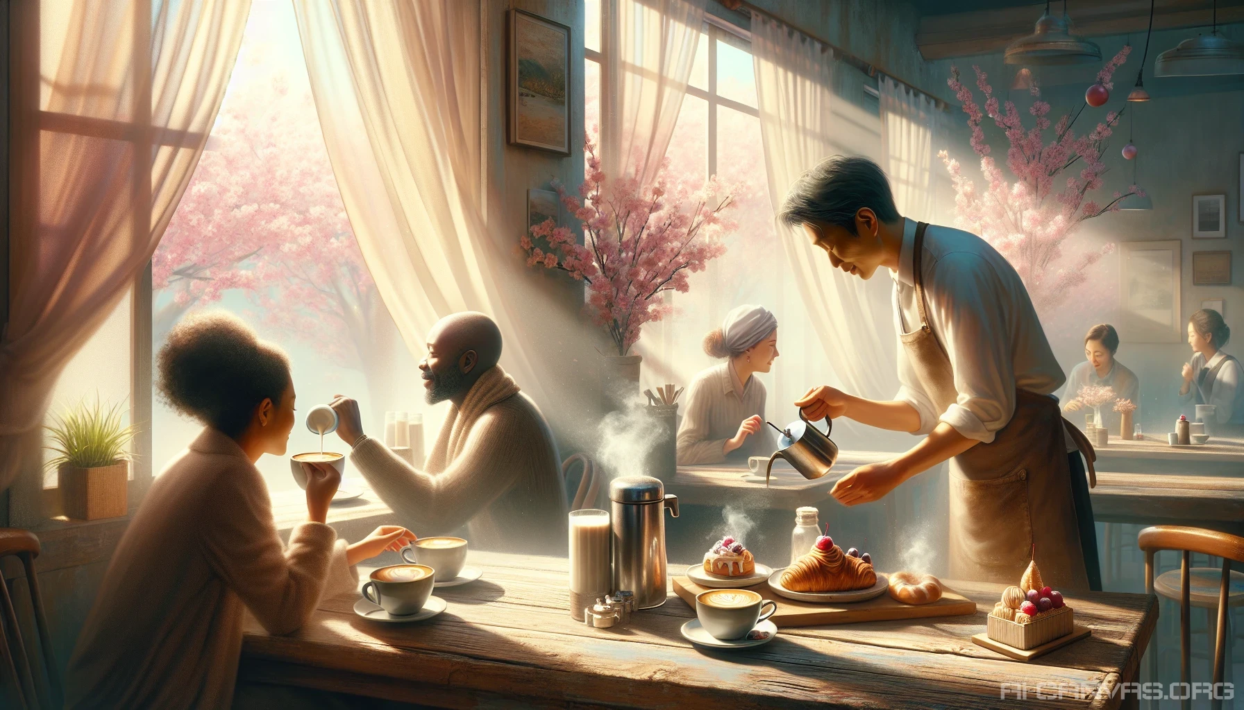 A serene scene unfolds in soft pastel hues, capturing a cozy café corner bustling with life. A barista expertly crafts a latte, while friends share laughter over steaming cups. Sunlight filters through sheer curtains, casting a warm glow on the rustic wooden table adorned with delicate pastries. Outside, cherry blossoms flutter in the breeze, completing this idyllic slice of life that invites viewers to pause and savor the beauty of simplicity.