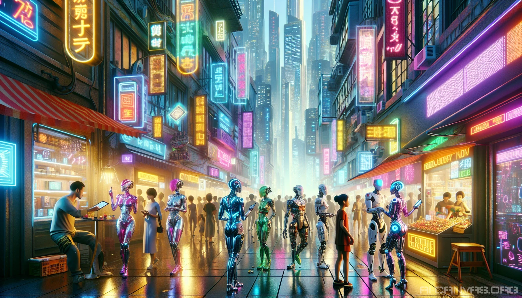 Immerse yourself in a vibrant cyberpunk street scene where robotic street vendors showcase their futuristic wares amid a bustling crowd. Shimmering neon lights bounce off sleek metallic surfaces and glass skyscrapers, creating a kaleidoscope of colors. People in eclectic, high-tech attire navigate through the energetic atmosphere, while towering digital billboards pulse with life, evoking a mesmerizing blend of technology and urban culture.