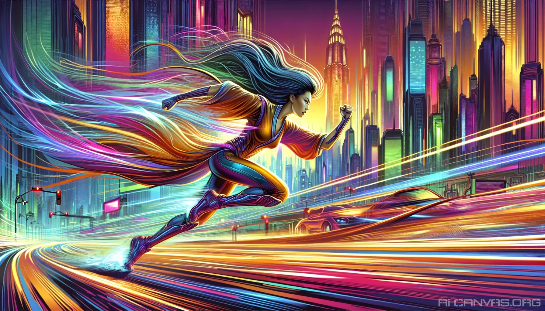 An electrifying scene unfolds as a hero dashes through a vibrant cityscape, cloaked in motion. Bold speed lines stretch behind, creating an impression of incredible velocity. The background bursts with color—a blend of neon lights and shadowy silhouettes, emphasizing the thrill of the chase. Each movement is accentuated, capturing the intensity and fluidity of action, inviting viewers to dive into this whirlwind adventure.