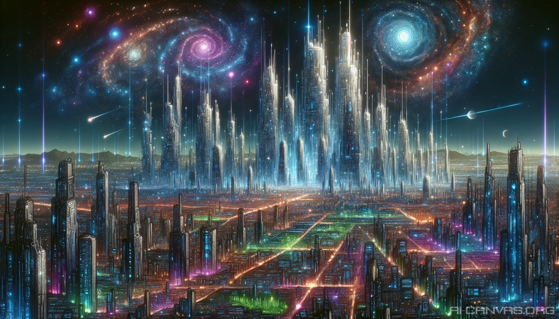 Imagine a breathtaking science fiction metropolis set on a distant planet, where towering skyscrapers made of shimmering crystalline materials reach toward a nebula-filled sky. Neon lights flicker across intricate architectural designs, while flying vehicles zip through bustling aerial highways. Lush green parks and bioluminescent gardens intertwine with technology, creating a harmonious blend of nature and innovation, inviting all to explore its futuristic wonders.