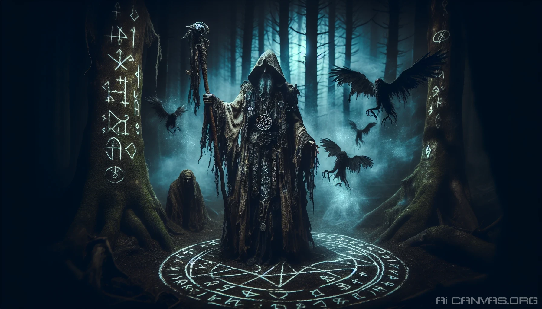 In a dimly lit, ancient forest, a powerful dark mage stands at the center of a swirling vortex of shadowy energy. Clad in tattered robes adorned with arcane symbols, he raises his staff high, summoning eerie, wispy creatures that emerge from the darkness. The moonlight casts a haunting glow, illuminating the intricate runes etched into the ground around him, as the air crackles with an ominous energy.