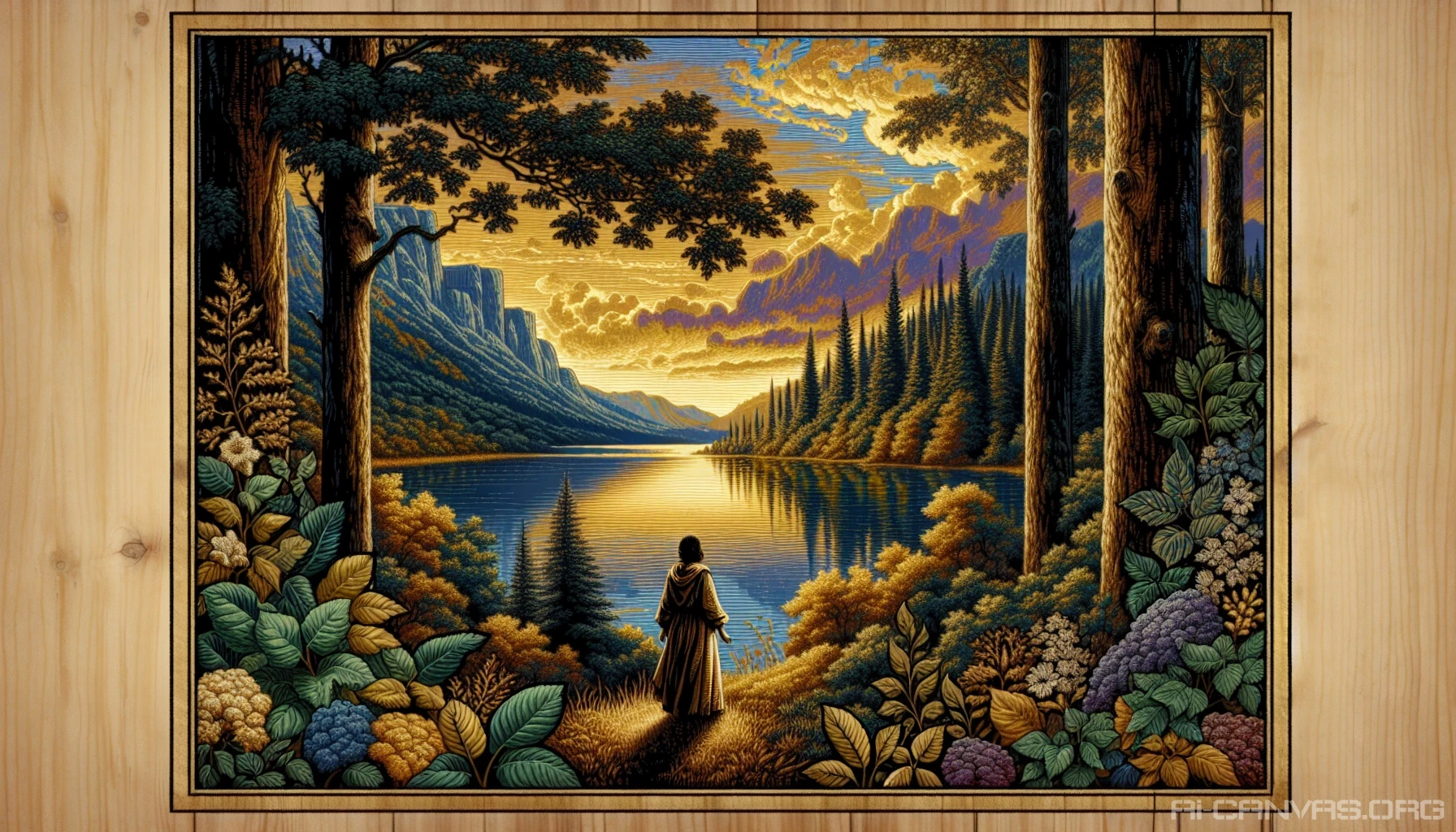 Capture a breathtaking landscape that blends the essence of Romanticism with nature's beauty. A sweeping vista featuring a tranquil lake surrounded by lush, vibrant forests, under a captivating sky painted in hues of gold and purple. Include a solitary figure, lost in thought, gazing over the water, embodying the spirit of introspection and passion that defines the Romantic movement.