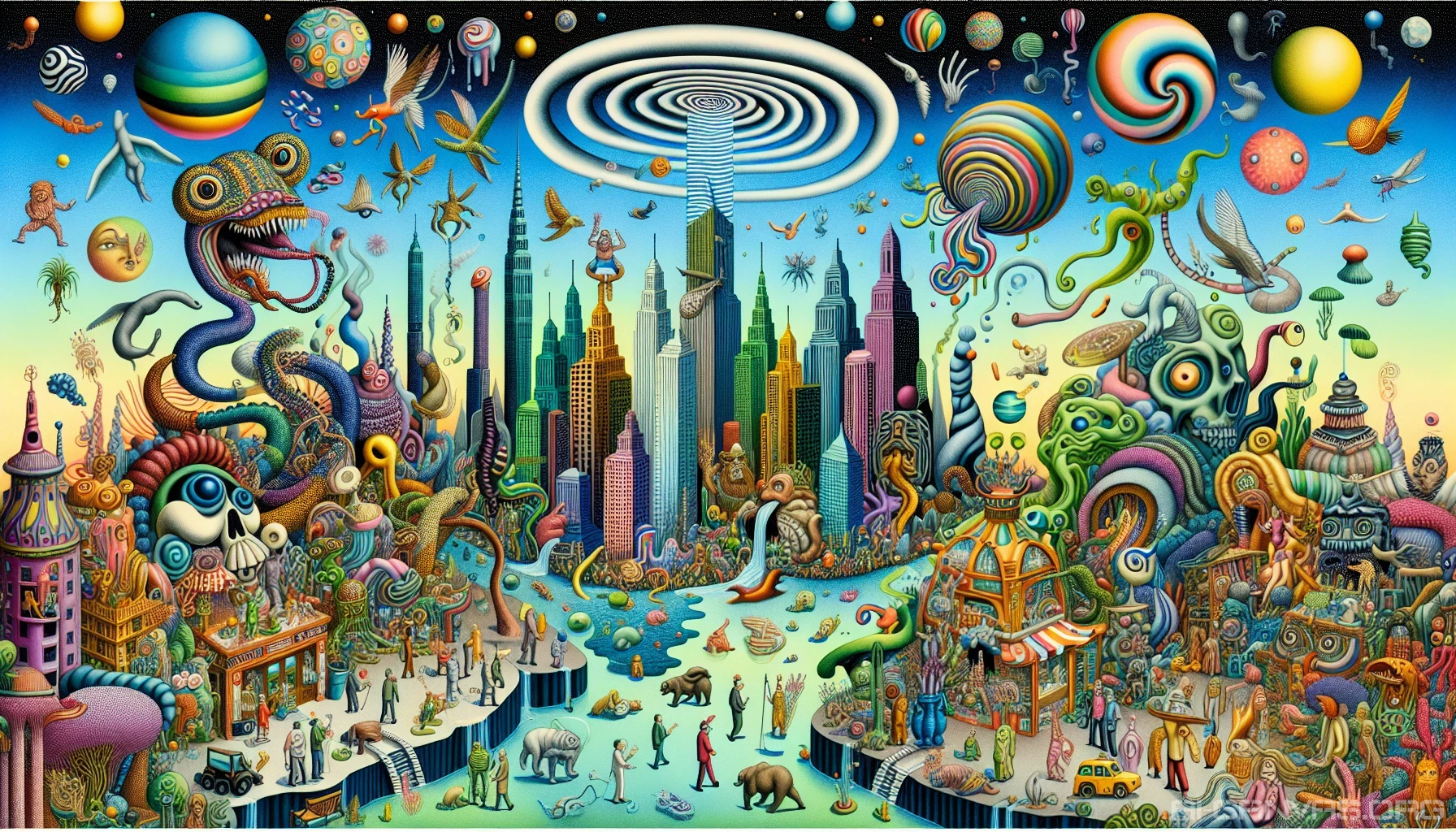 Dive into a vibrant world where eccentric characters and surreal landscapes collide, reminiscent of the Lowbrow Art movement. Picture a whimsical scene filled with oversized creatures, playful colors, and quirky, exaggerated proportions. The backdrop features a melting city skyline under a swirling sky, teeming with fantastical elements like floating objects and bizarre flora, inviting viewers to explore this imaginative universe that defies convention.