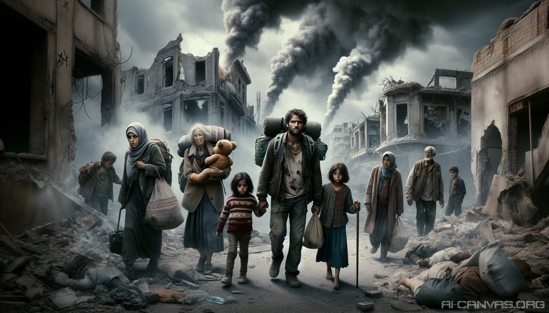 In a hauntingly vivid scene, a group of weary civilian refugees trudges through the remnants of a once-thriving metropolis. Ashen skies loom overhead, casting a somber light on their weary faces and tattered belongings. Smoke rises from the ruins of shattered buildings, while expressions of despair and determination intertwine. The landscape is dotted with makeshift shelters, symbolizing both loss and hope amidst the chaos of survival.