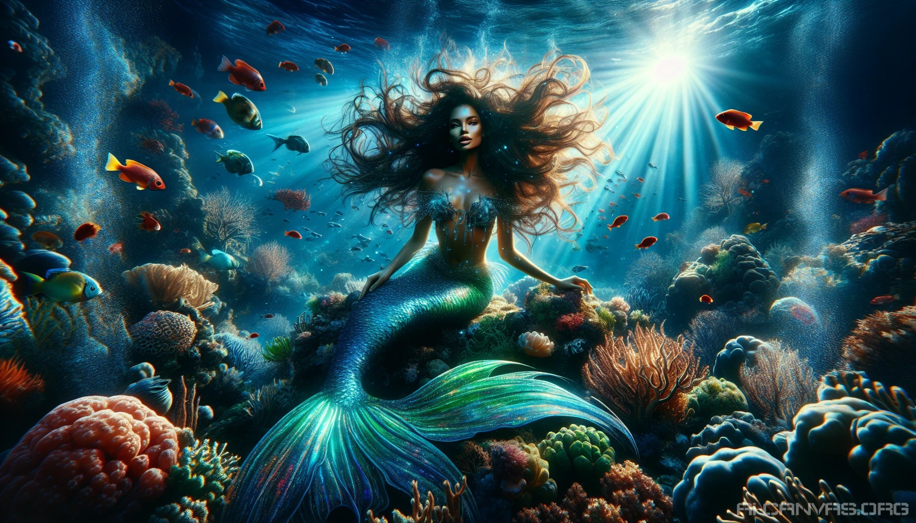 Dive into an enchanting underwater realm where a breathtaking mermaid with luminescent, sparkling scales glides gracefully through vibrant coral reefs. Her flowing hair shimmers like starlight, and her eyes glow with the mysteries of the deep. Schools of colorful fish surround her, while shafts of sunlight pierce through the water, illuminating the magical scene. This captivating portrayal evokes a sense of wonder and tranquility in the ocean's embrace.