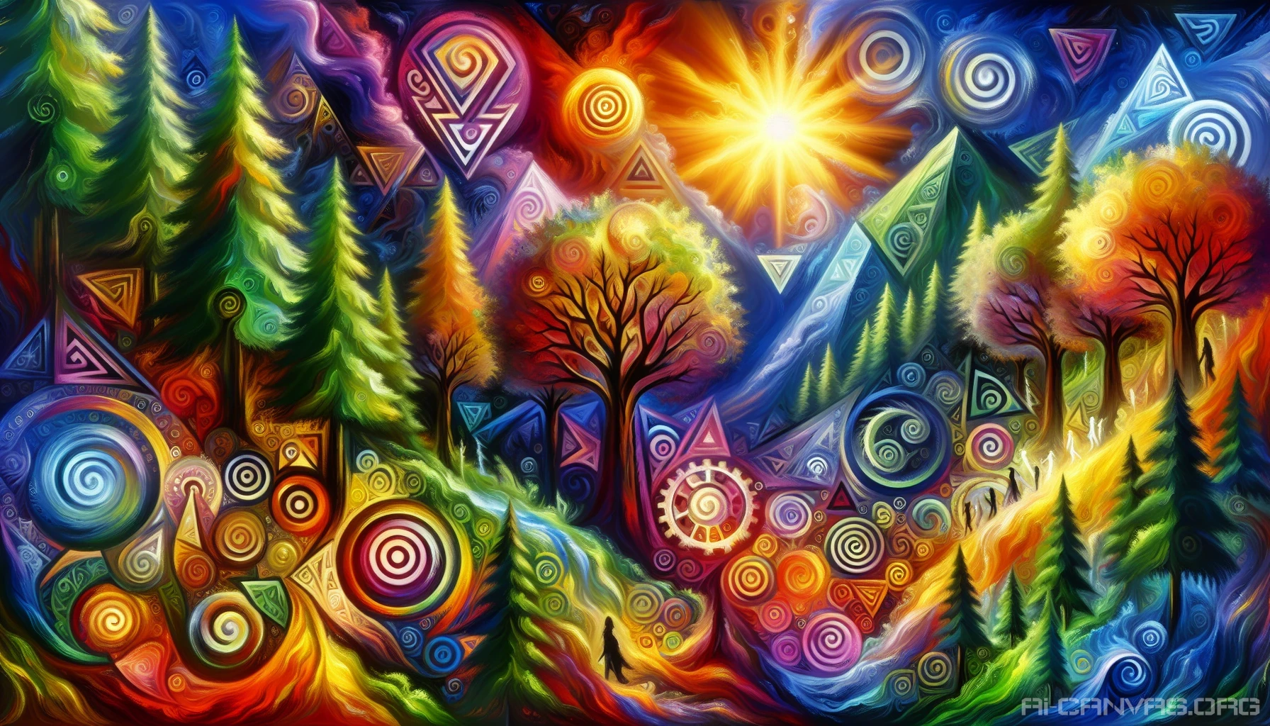 Envision a lush landscape intertwined with intricate symbols representing various elements of life—spirals for energy, triangles for stability, and circles for unity. The scene features vibrant colors, with a radiant sun rising over a forest, illuminating the complex designs carved into trees. Ethereal creatures dance among the symbols, encapsulating the essence of balance and interconnectedness within a surreal and dreamlike atmosphere.