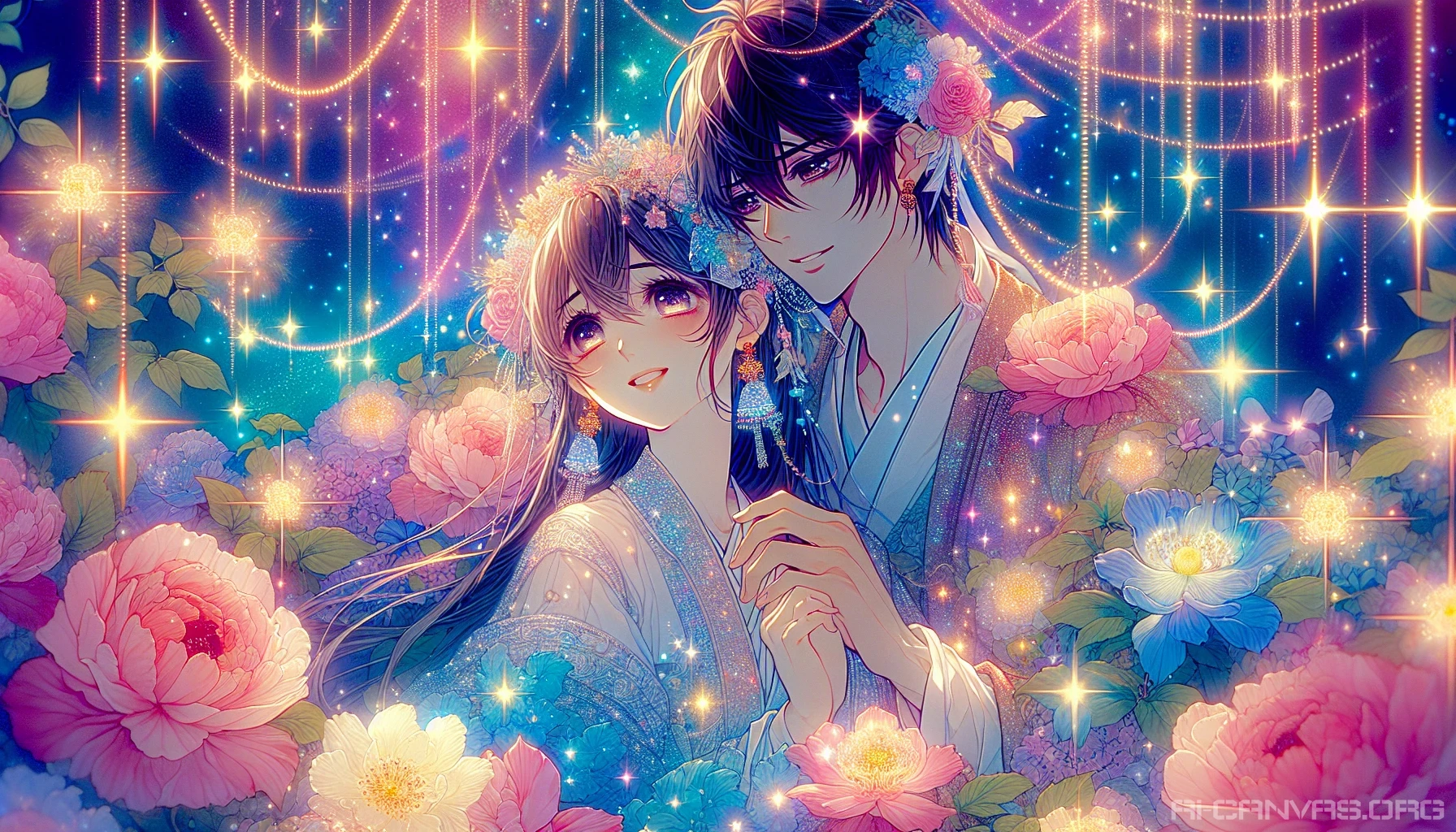 Imagine a vibrant scene where the essence of shoujo romance comes alive, infused with whimsical sparkles. Picture a dreamy couple intertwined under a shimmering night sky, surrounded by ethereal glowing flowers and twinkling stars. Their eyes reflect joy, and the air is filled with magical energy. Soft pastel colors dance around them, creating an enchanting atmosphere that captures the heart's deepest desires and the beauty of love's magic.